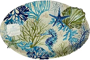 Sigrid Olsen Green & Blue Coral Reef Oval Design Melamine Serving Tray with Seahorse Decor