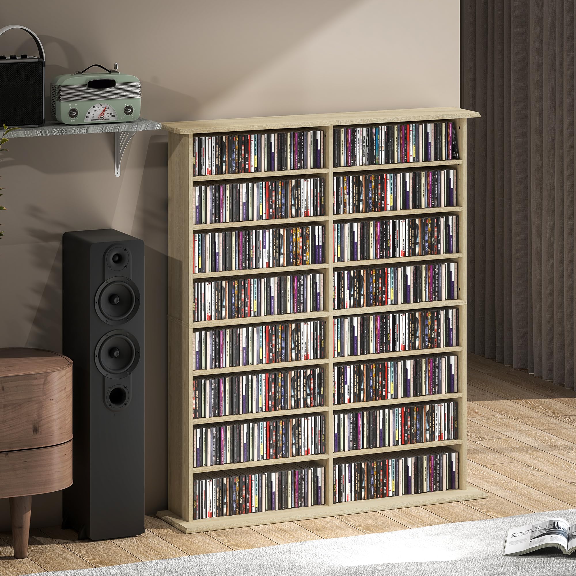 Unidad de almacenamiento de CD y DVD HOMCOM, unidad de almacenamiento multimedia con 16 compartimentos y 12 estantes ajustables, capacidad máx. 720 CD/396 DVD y Blu-ray, 106,5 x 24 x 123,7 cm, madera