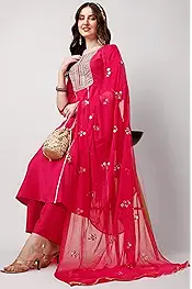 Women's Cotton Silk Embroidered Kurta Palazzo and Dupatta Set | Wedding Dress | Ethnic |Outfit - 84% OFF Deal at ₹560 on Amazon | Valzo