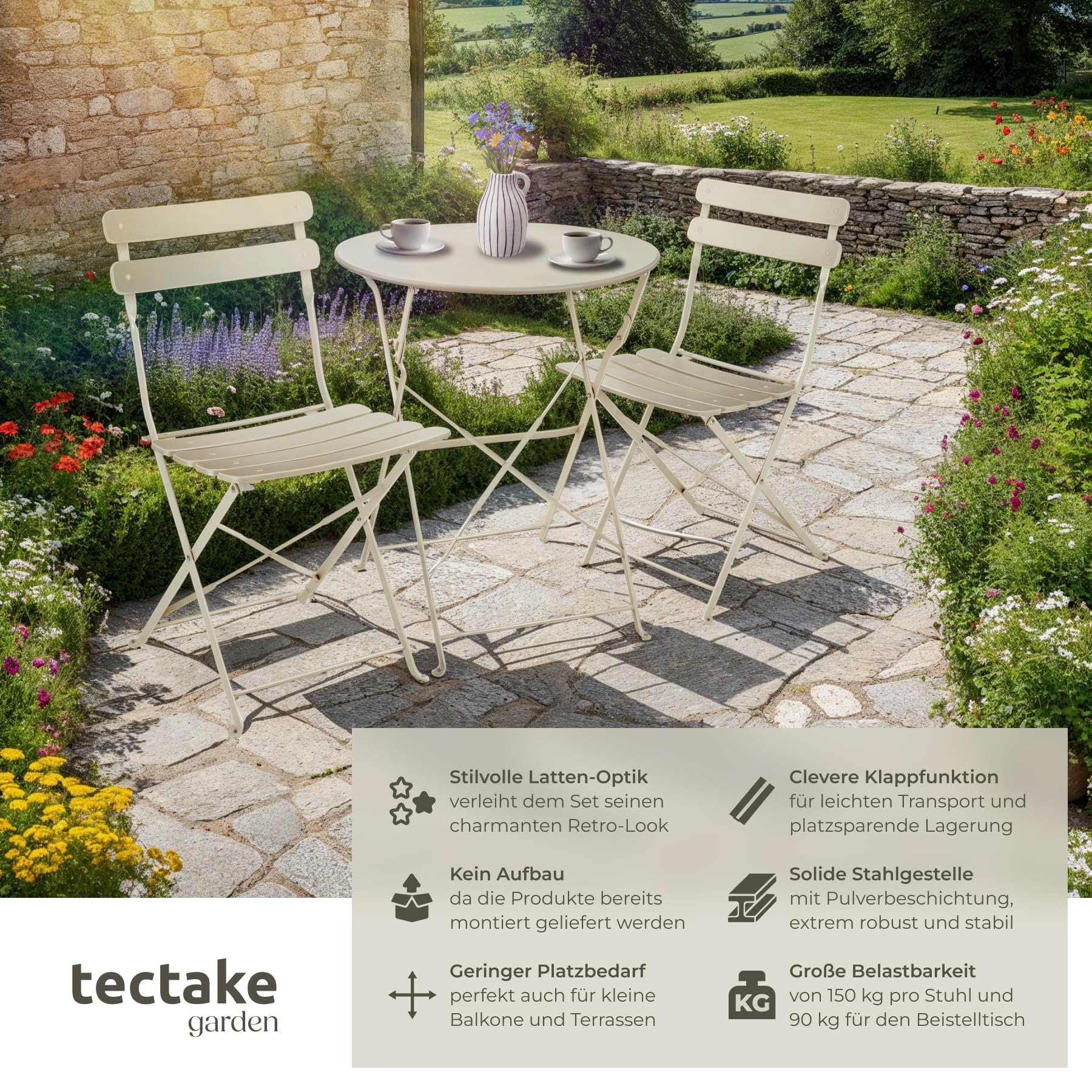 tectake® Gartenmöbel Bistro Set aus Gartentisch mit Stühlen, Balkonmöbel Kleiner Balkon, Klapptisch mit 2X Gartenstuhl, Outdoor Sitzgruppe mit Balkontisch, wetterfest für Garten, Balkon (Creme)