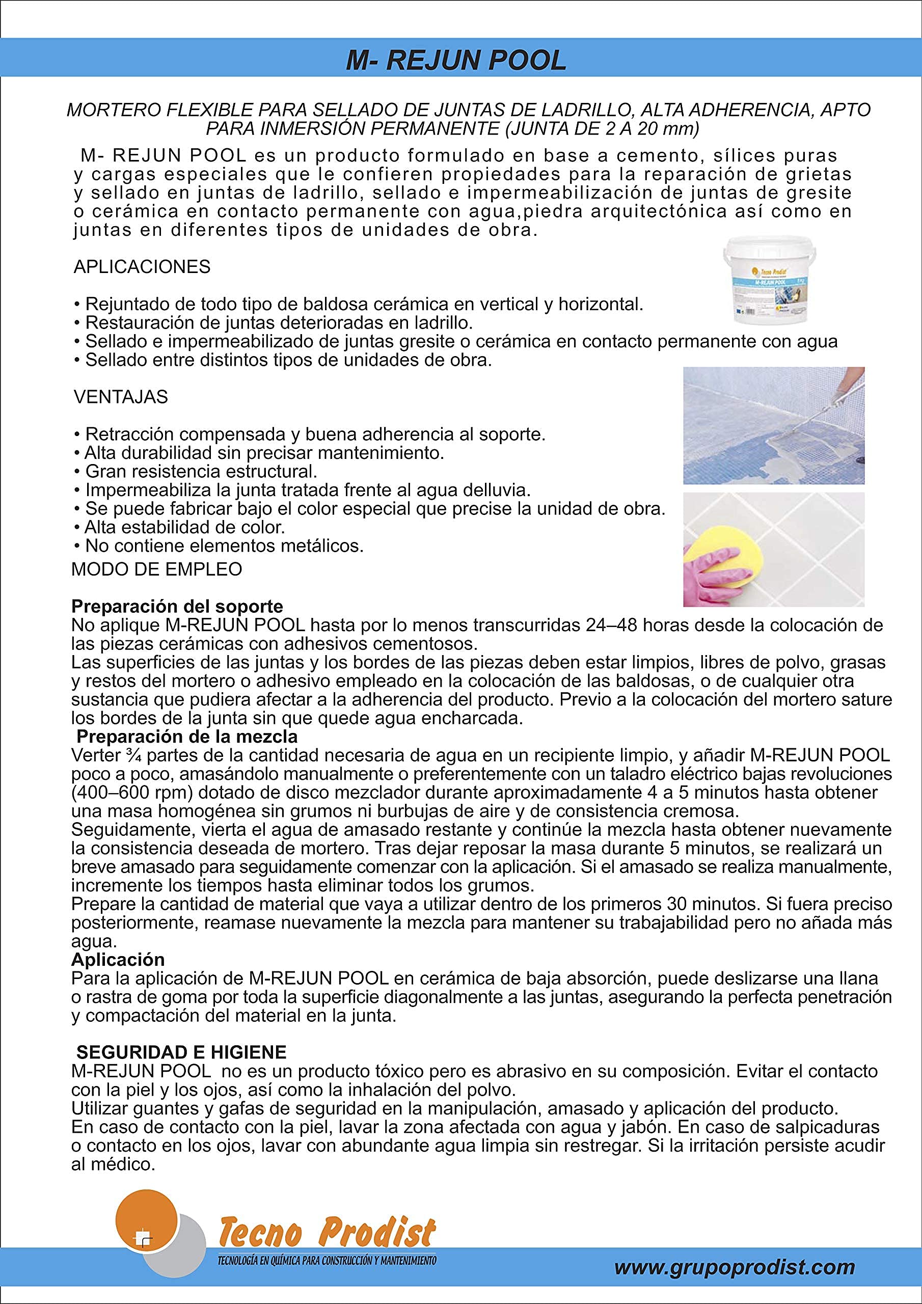 Tecno Prodist M - REJUN POOL, Mortero flexible para sellado de juntas baldosas y gresite en piscinas, ceramica, apto para inmersión permanente Blanco (5 Kg)