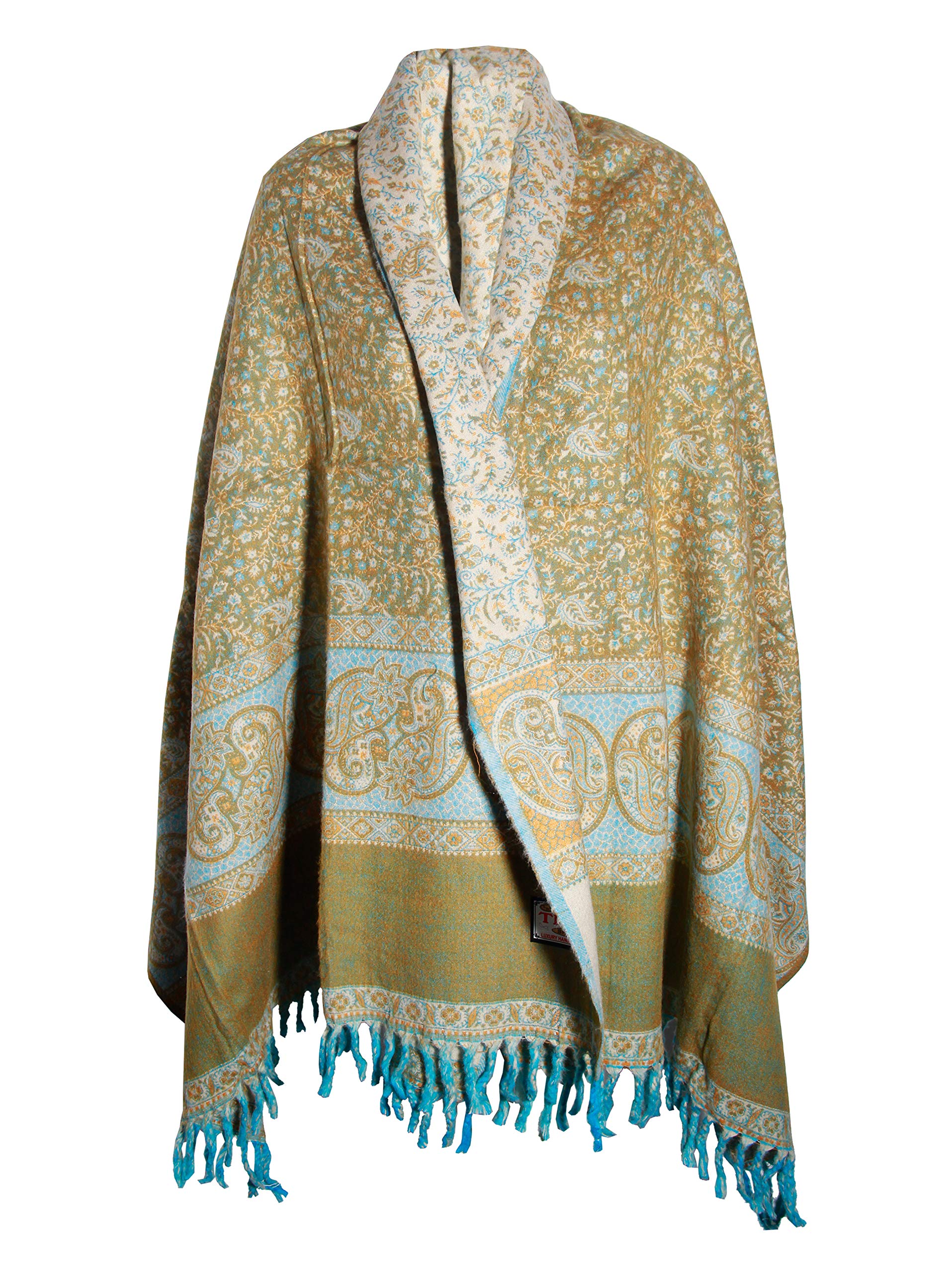 TIBET Handgefertigter Schal mit Blumenmuster, Übergröße, wendbar, weicher und warmer Winterschal aus reiner Yakwolle, Limettengrün, grün, One size