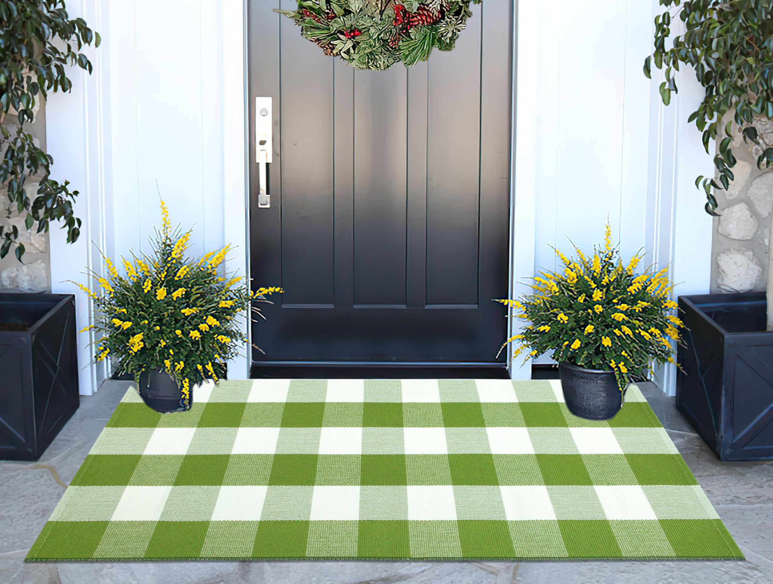 Buffalo Plaid Outdoor Rug 24''x51''Green and White Checkered Front Porch Rug Cotton Woven Washable Door Mat Outdoor for Layered Hello Welcome Door Mat