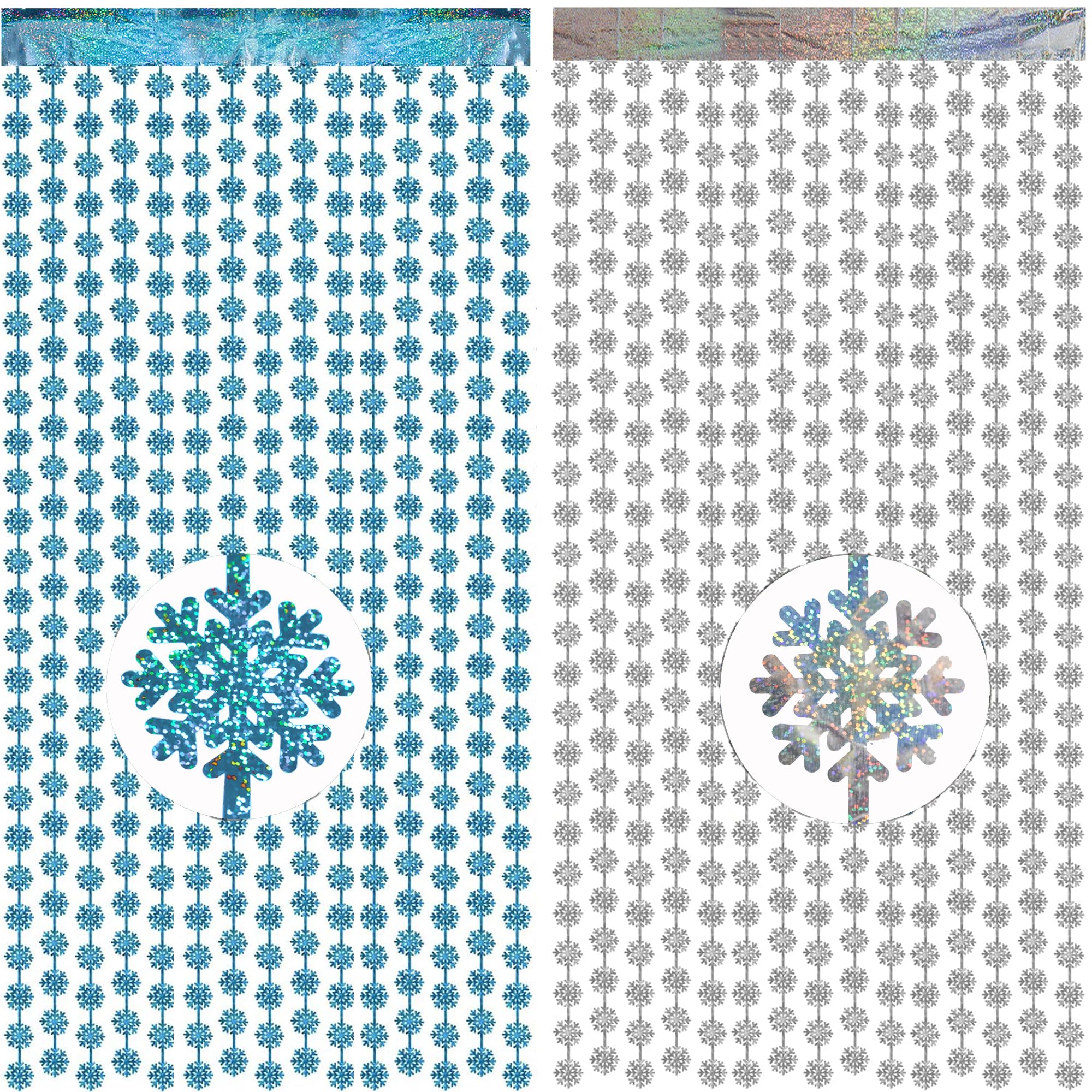 GREATRIL Silver Blue Snowflake Fringe Curtain Winter Onederland Streamers Backdrop with Sparkling Snowflake for Christmas Birthdays Party Decoration -3.2ft x 6.5ft - 2 Pack