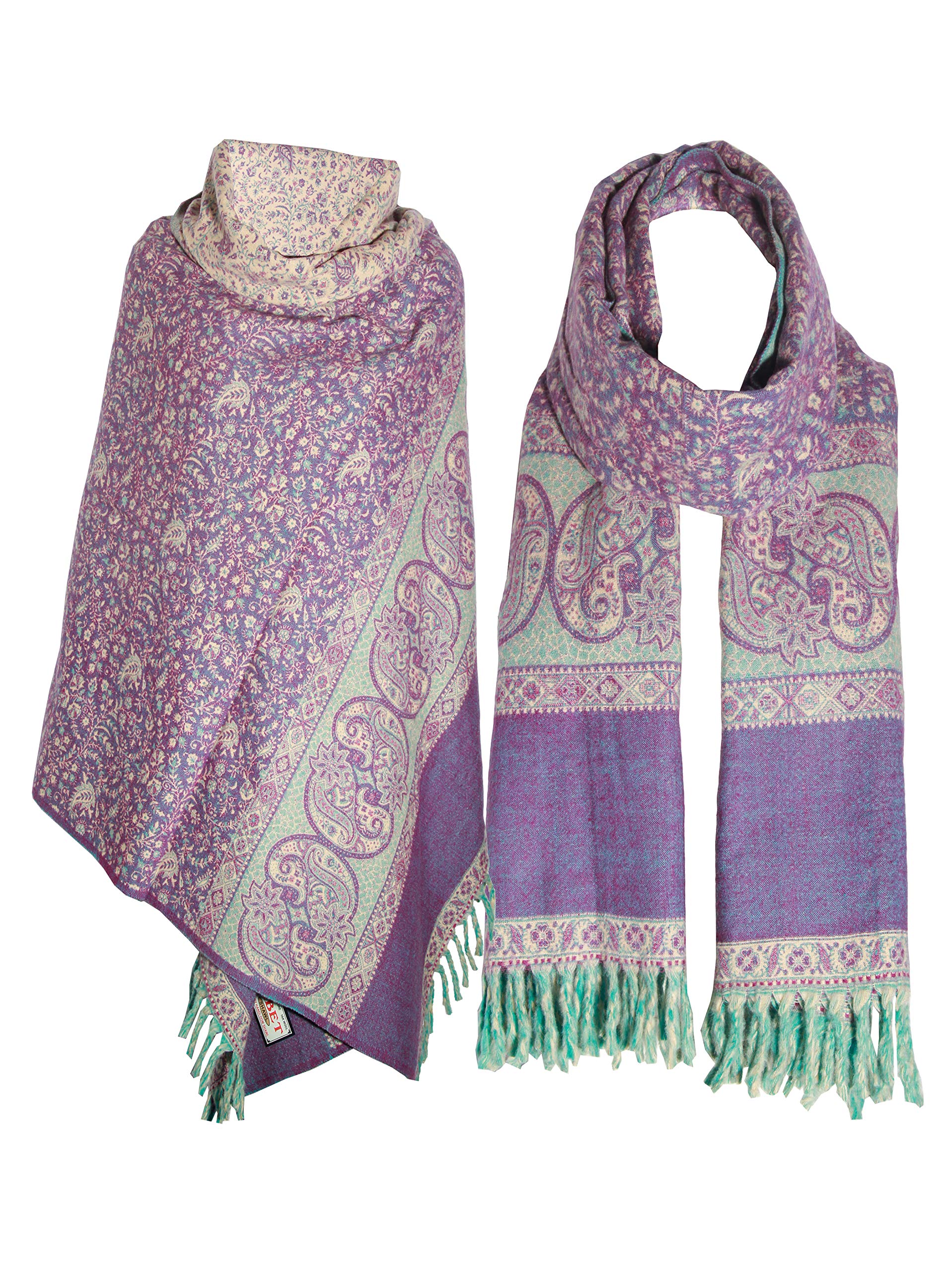 TIBET Paisley-Schal, handgefertigt, reine Yakwolle, doppelseitig, übergroß, Violett / Beige, Lila Beige, One size