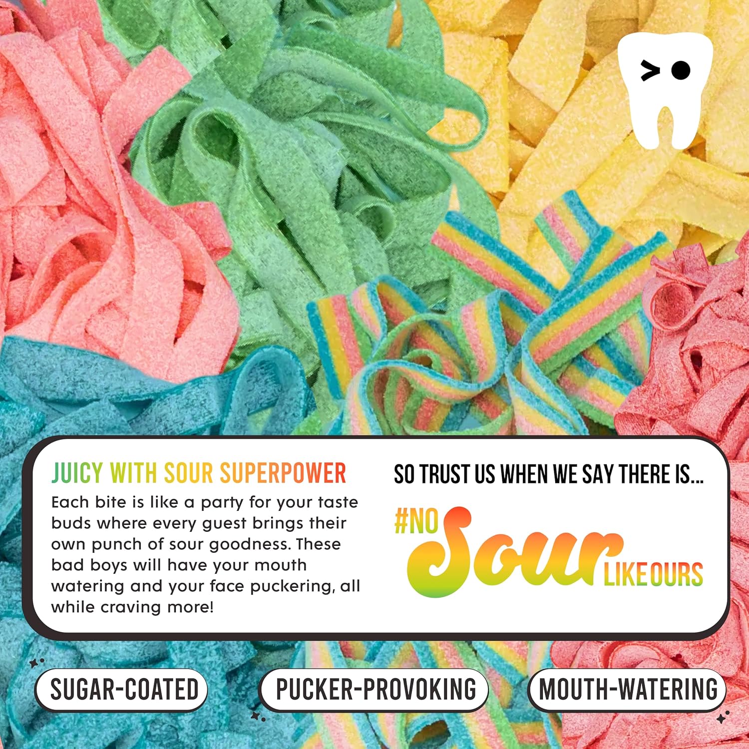 Fruity Berry Sour Belts Candy, 6 Pack Gummy Sour Strips, Blue Raspberry, Rainbow, Strawberry, Watermelon, Pink Lemonade and Pineapple, Super Sour Strips, Fresh, Soft and Chewy, 14 Per Bag, 4 oz