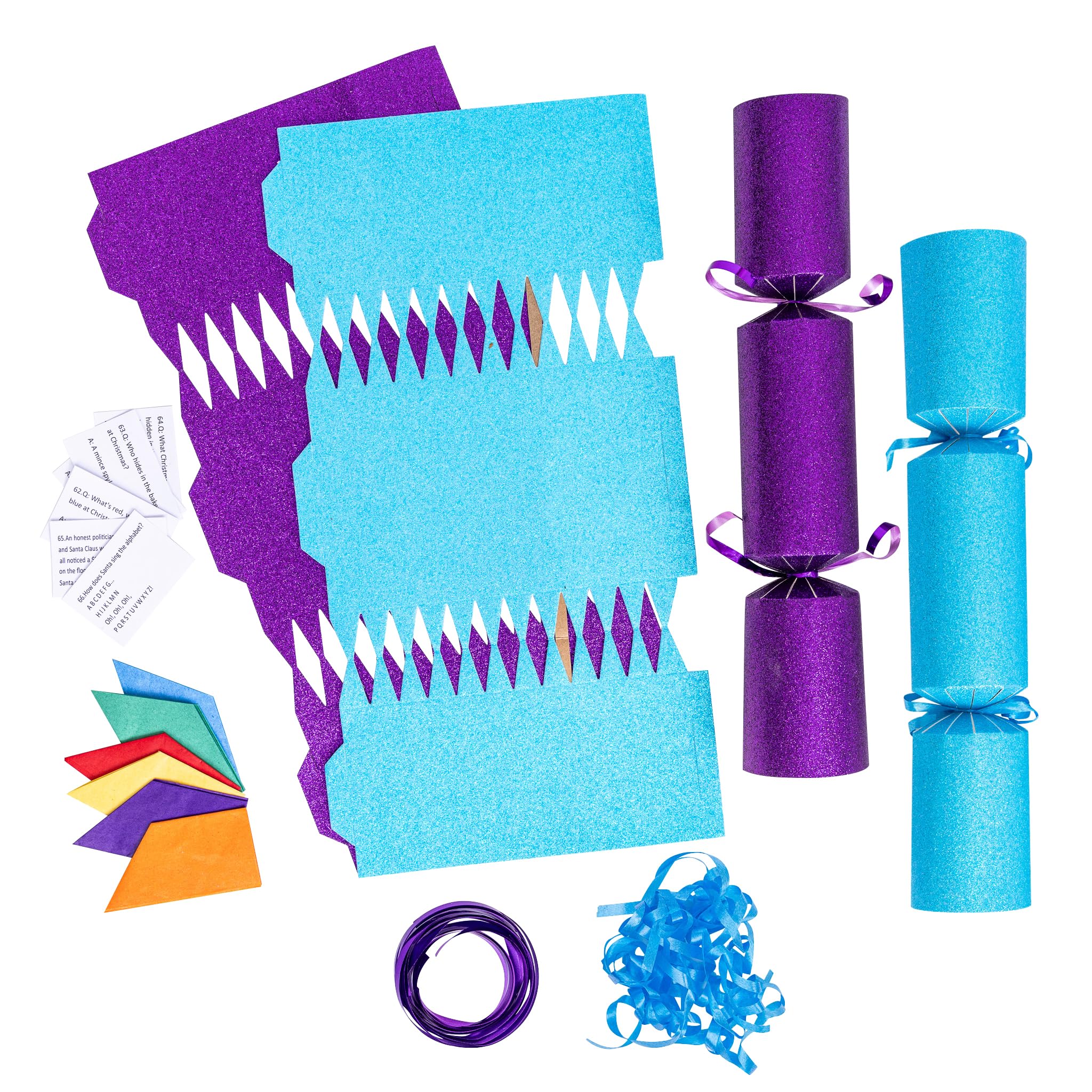 evelay 12 Make Your Own Christmas Cracker Kit DIY Blue & Purple Glitter Crackers Hats Snaps Jokes (Blue, Purple)
