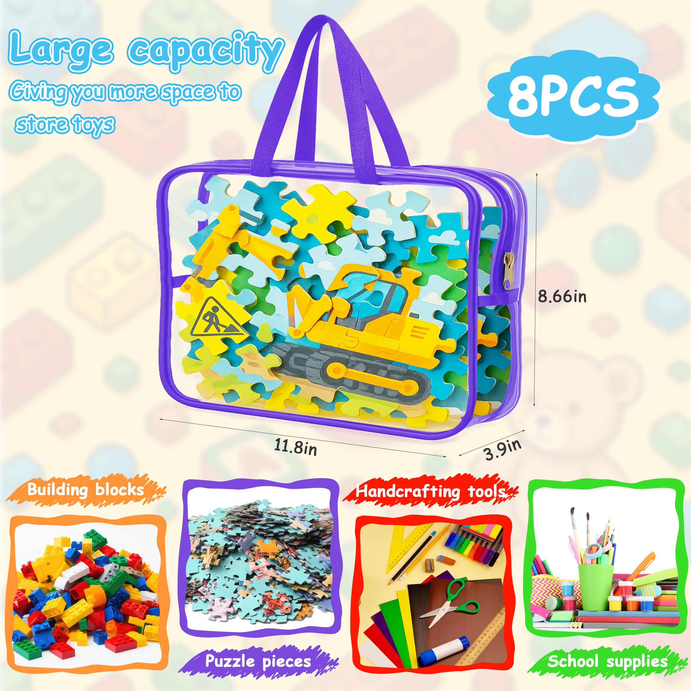 Toy Storage Bags, 8 Pack Plastic Clear Storage Bags for Toys, Large Capacity with Smooth Zipper, Waterproof PVC Material and Comfortable Handles, for Building Blocks, Puzzles, Books
