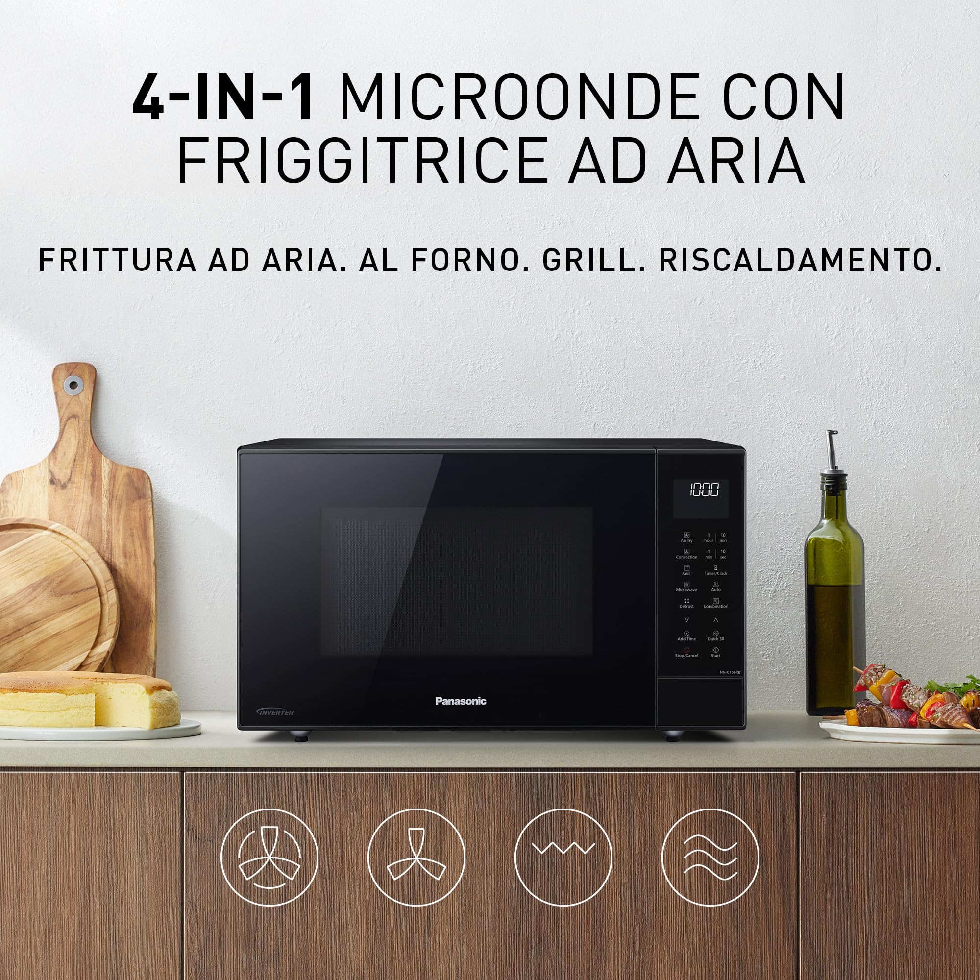 Panasonic NN-CT56RBEPG 27L 4-in-1 Microonde Combinato Inverter con Friggitrice ad Aria, 1000W, 19 Programmi Auto, Cottura Convezione Grill, Design Salvaspazio Compatto, Nero
