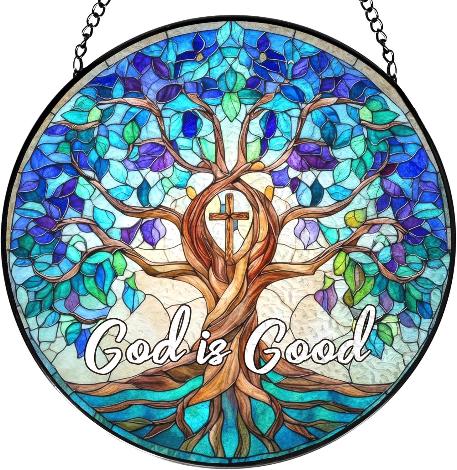 Christian Blue Tree of Life Stained Glass Window Hanging, Tree of Life Stained Glass, God is Good Sun Catchers Indoor Window Decor Birthday for Home Windows Garden Church, 7.9x7.9inch