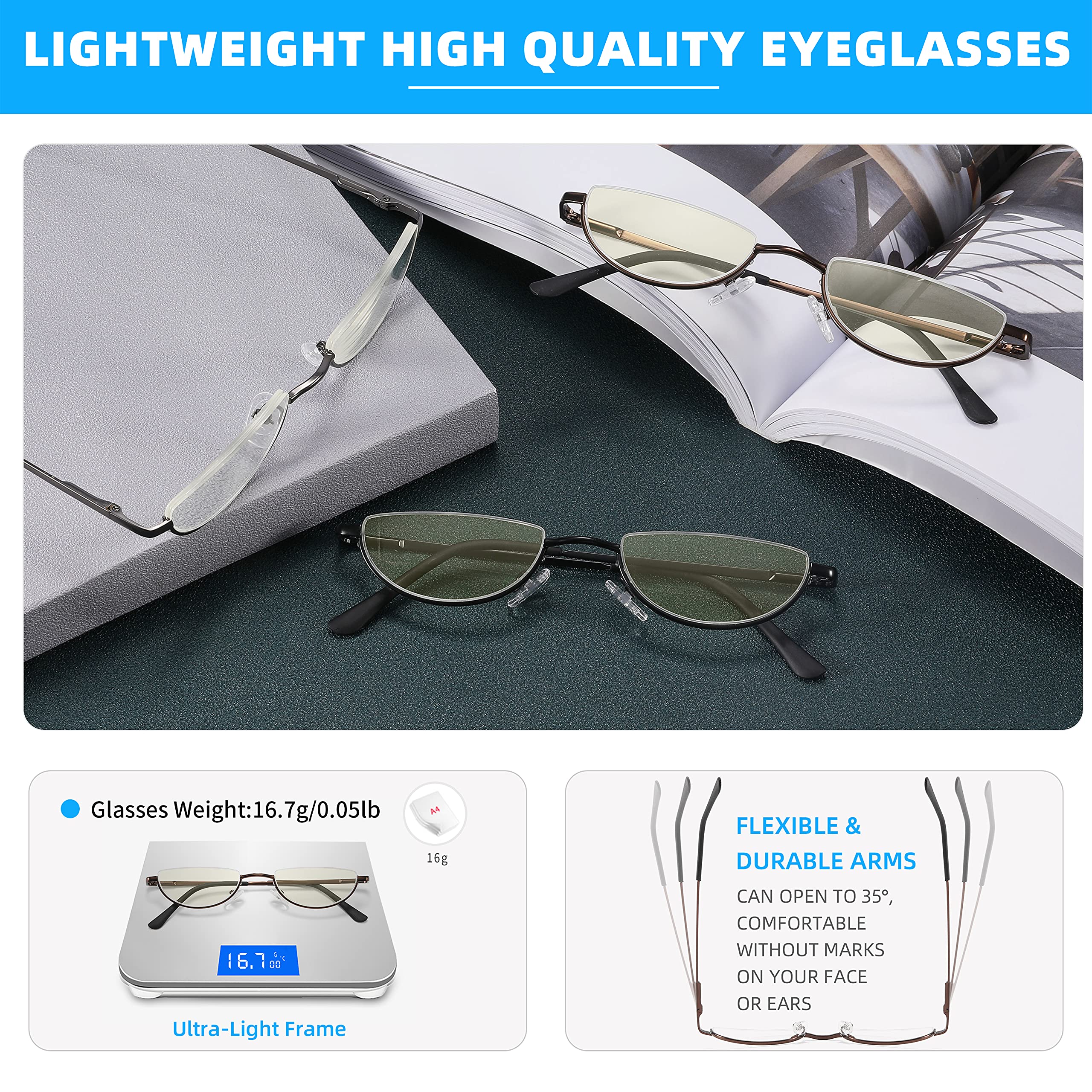 Halblinse Lesebrille Blaulicht blockierend, Halbmond Rahmen Halbrand Federscharnier Leser mit Etui für Männer Frauen, 3er-Pack (Schwarz/Braun/Rotgussmetal)