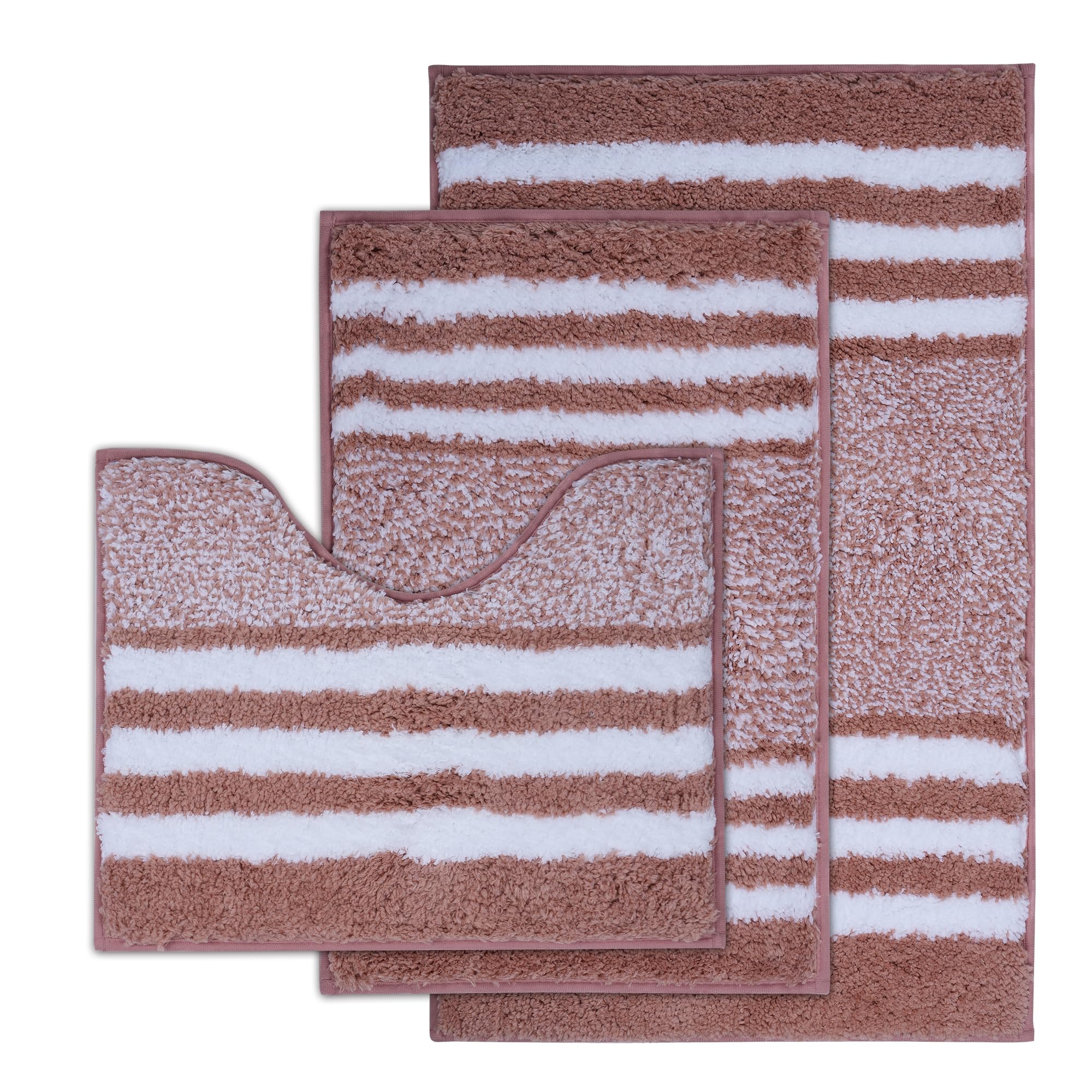Lot de 3 tapis de salle de bain de luxe à rayures roses en microfibre douce et absorbante avec fond en caoutchouc antidérapant, séchage rapide, accessoires de décoration de salle de bain, tapis de