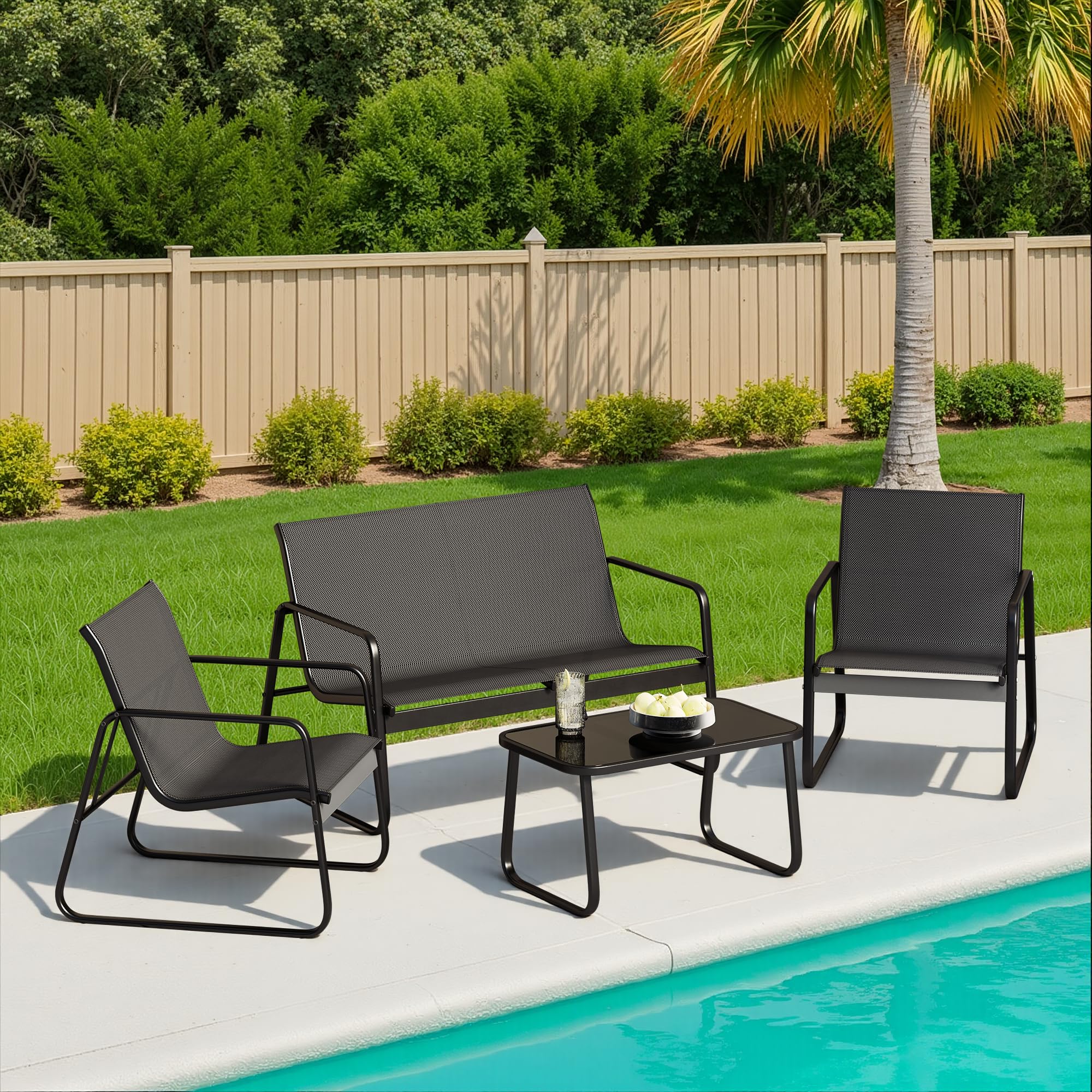 Conjunto de Jardín de 4 Piezas, con 3 Sillones y Mesa de Cristal, Muebles de Exterior para Patio, para Todas Las Estaciones, Terraza, Jardín, Balcón y Exteriores, Negro (Ensemble de 4 pièces)