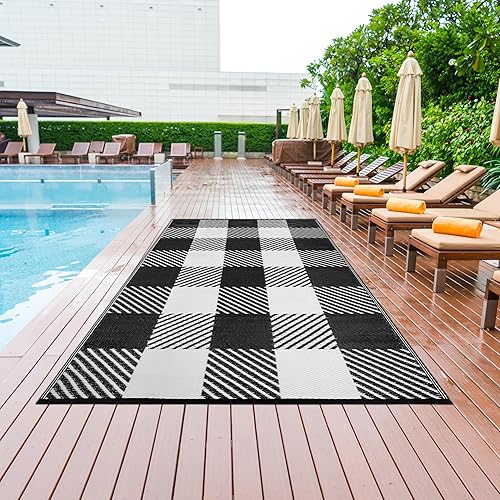 Lush Ambience Alfombra para exteriores, impermeable, reversible, sin arrugas, resistente a la decoloración, fácil de limpiar, alfombra de área de