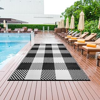 Outdoor Rug - Waterproof, Reversible, Crease Free, Washable, Fade Resistant - Premium Recycled Plastic Medium Rugs for Patio, Porch, Deck, Balcony, Farmhouse - Hayat Black 5X8 ft