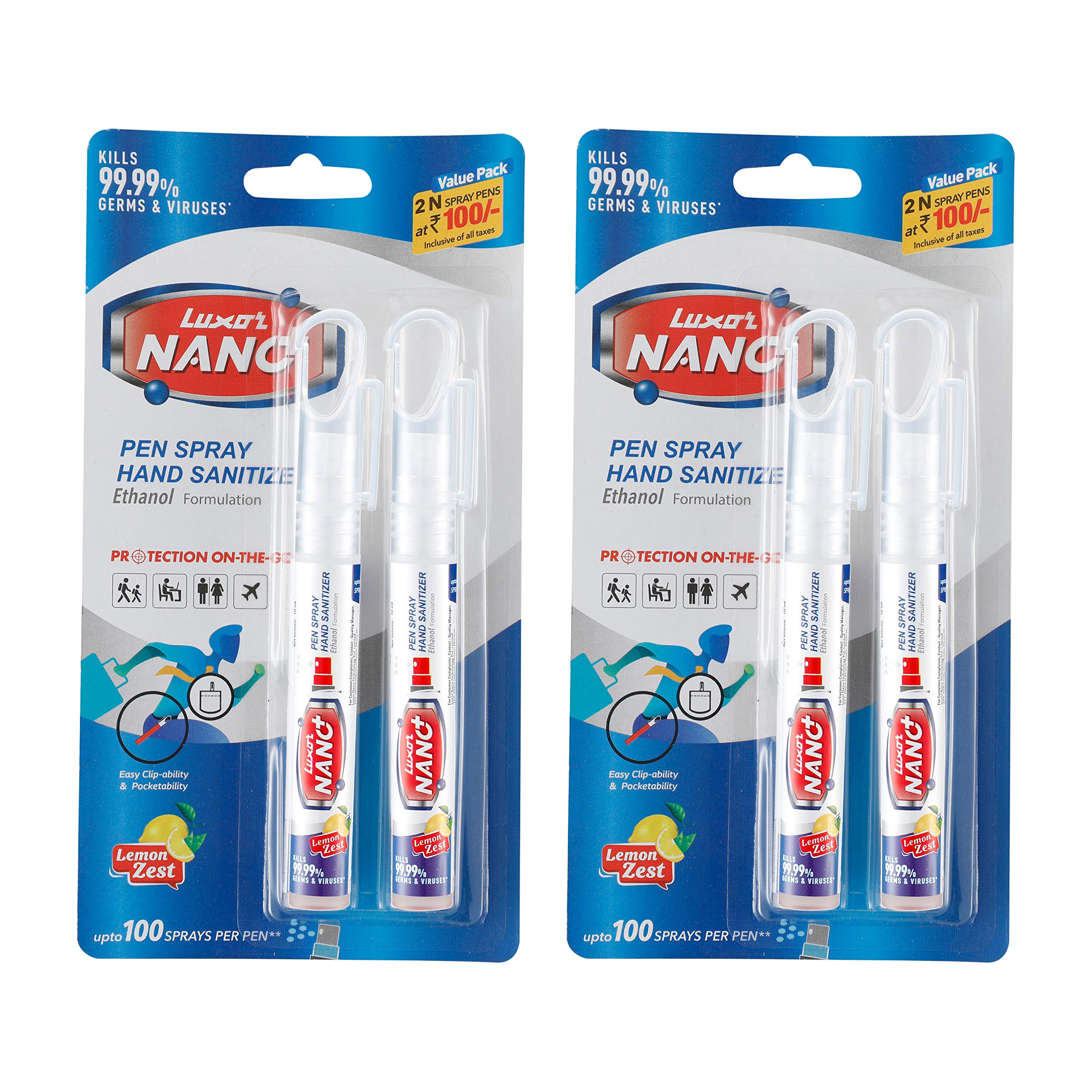 Luxor Nano Pen Lemon Zest Alcohol Based Hand Sanitizer Spray (10 ml X 2) - Pack of 2