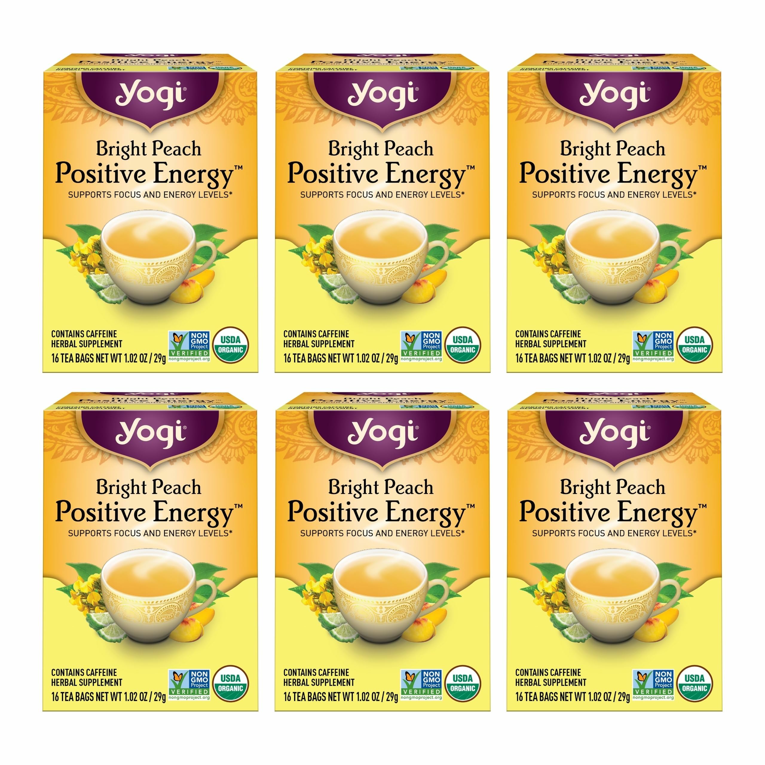 Tea Bright Peach Positive Energy Tea - 16 Tea Bags per Pack (6 Packs) - Organic Tea to Support Focus & Energy - Includes Oolong Tea Leaf, White Hibiscus Flower, Rose Hips & More