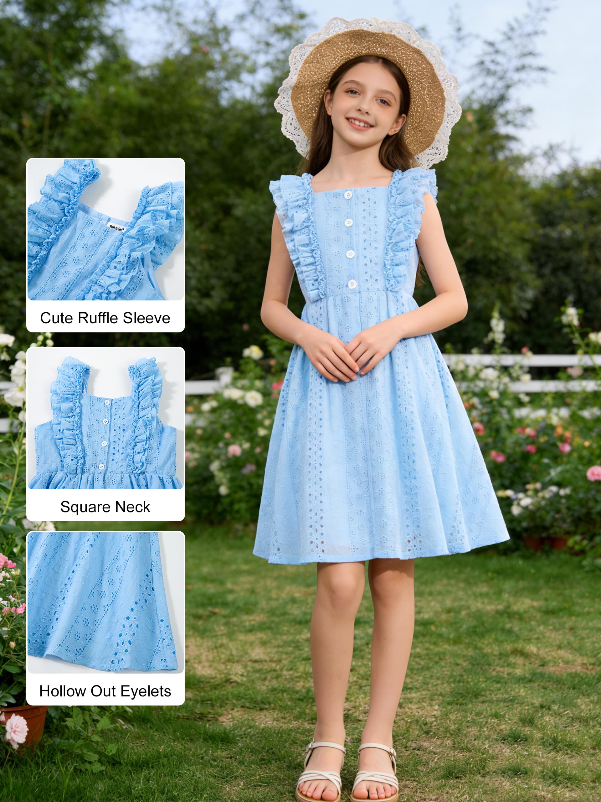Rolanko Vestido con Mangas con Volantes para Niñas, Vestido de Verano Fluido de Corte A con Escote Cuadrado y Botones