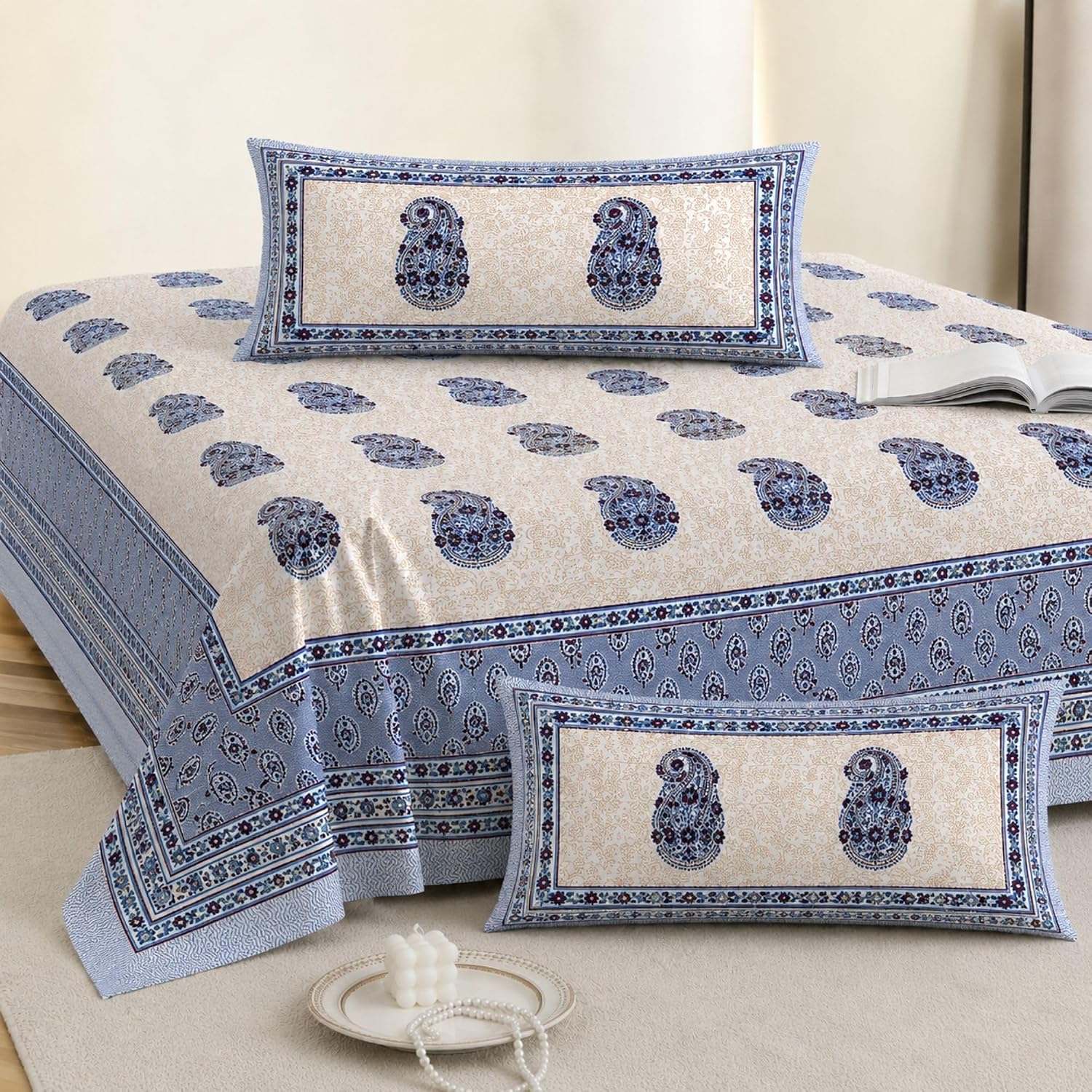 Jaipur Weaves Jaipuri Cotton King Size Bedsheet 108x108 Super King, 144 TC 100% Pure Cotton Double Bed Sheet with 2 Pillow...