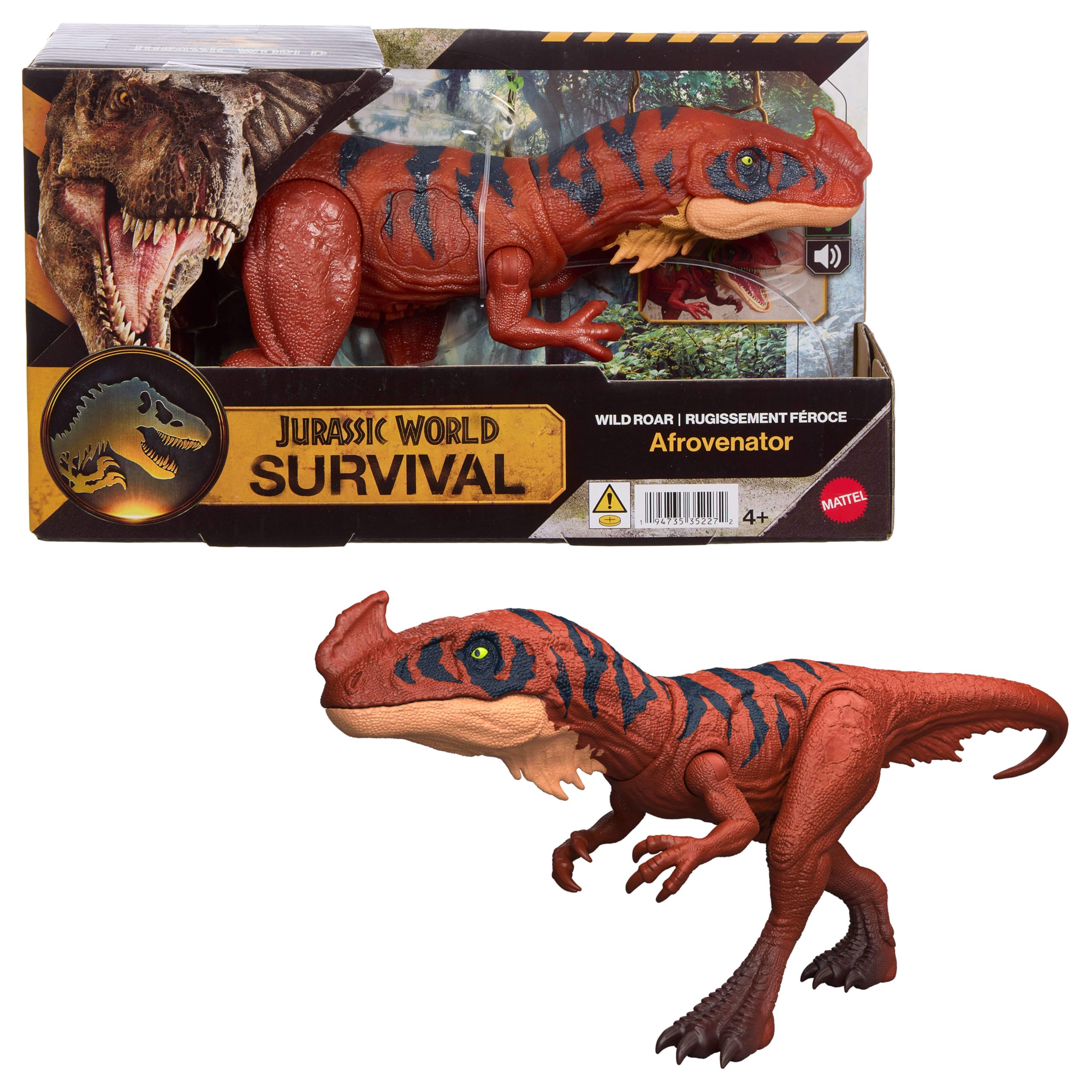 Mattel Jurassic World - Afrovenator Ruggito Selvaggio, dinosauro snodabile con mandibola multidirezionale, mossa d'attacco e suoni inclusi, giocattolo per bambini, 4+ anni, JKL76