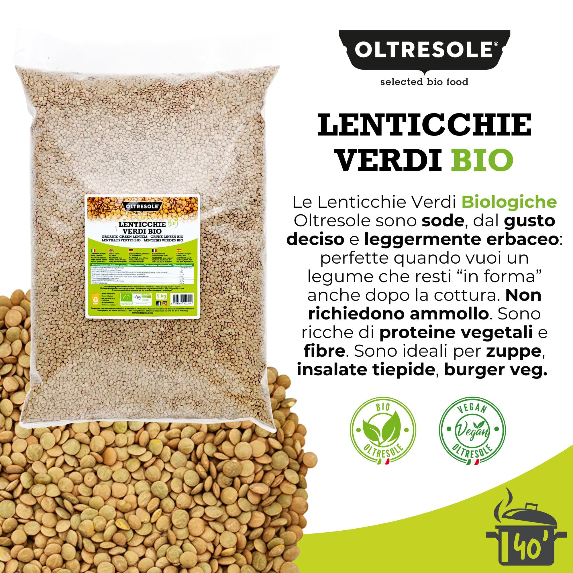 Oltresole, Lentilles vertes biologiques 5 Kg, Légumineuses entières biologiques séchées, source de protéines et de fibres, riches en fibres et en sels minéraux, format pratique