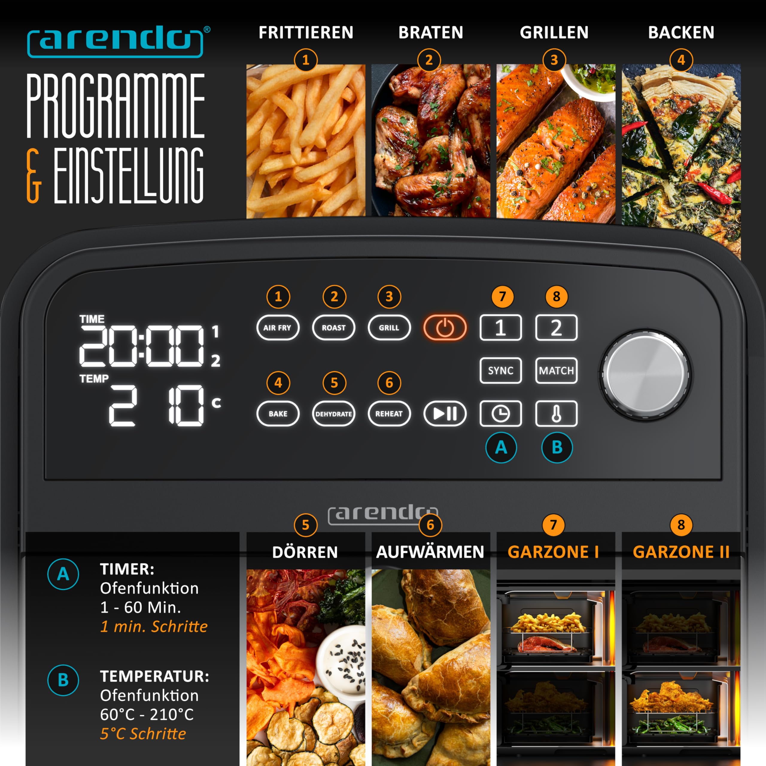 Arendo - Frytkownica na gorące powietrze Dual Zone podwójna komora – pojemność XXL 11 l – 2400 W – 2 komory 2 strefy – 3 w 1 Airfryer – 8 przycisków czujnikowych – bez BPA – 2 ruszty do grillowania