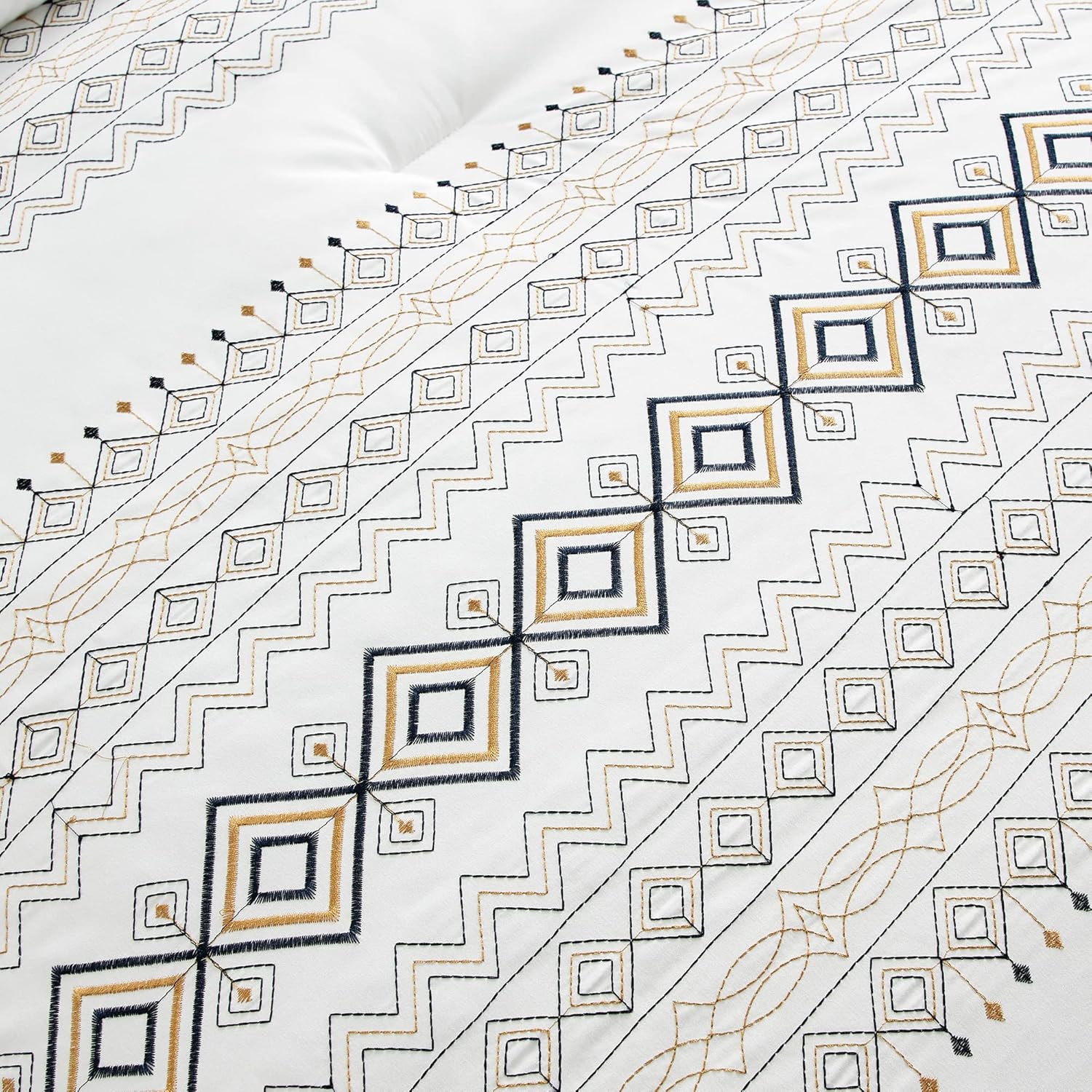Chezmoi Collection Hart 7-Piece Southwestern Boho Comforter Set Queen Size - White/Navy/Blue/Gold Geometric Embroidery Lightweight Bedding Set for All Season