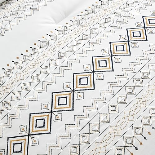 Miniatura 4 de Chezmoi Collection Hart - Juego de edredón bohemio del suroeste de 7 piezas, tamaño Queen, blanco, azul marino, azul, dorado, bordado geométrico,