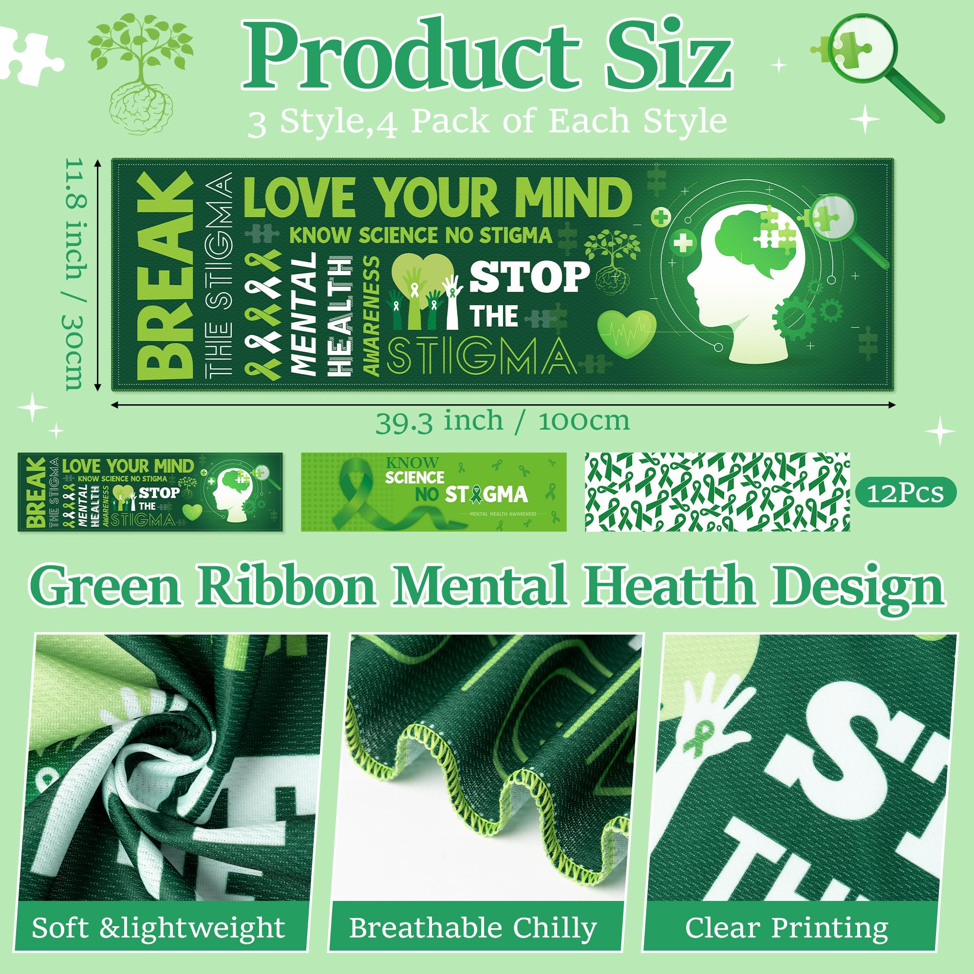 R HORSE Mental Health Awareness Cooling Towels - 12Pcs Green Ribbon Breathable Chilly Microfiber Ice Towels for Neck and Head, Mental Health Day Gifts for Volunteer Activities Yoga Sports, 40