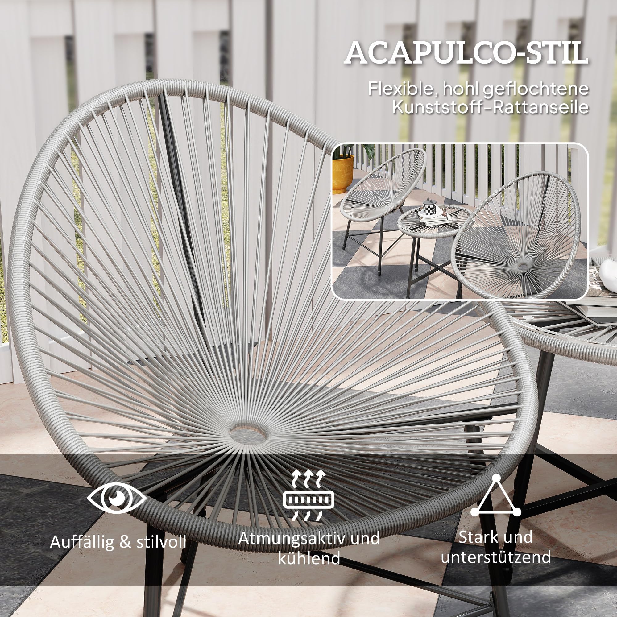 Outsunny Polyrattan Gartenmöbel Set, Outdoor Lounge Balkonmöbel für 2 Personen, 3-teilig Sitzgruppe mit 2 Stühle, Tisch, wetterfest Gartenlounge für Garten, Terrasse Balkon, Grau