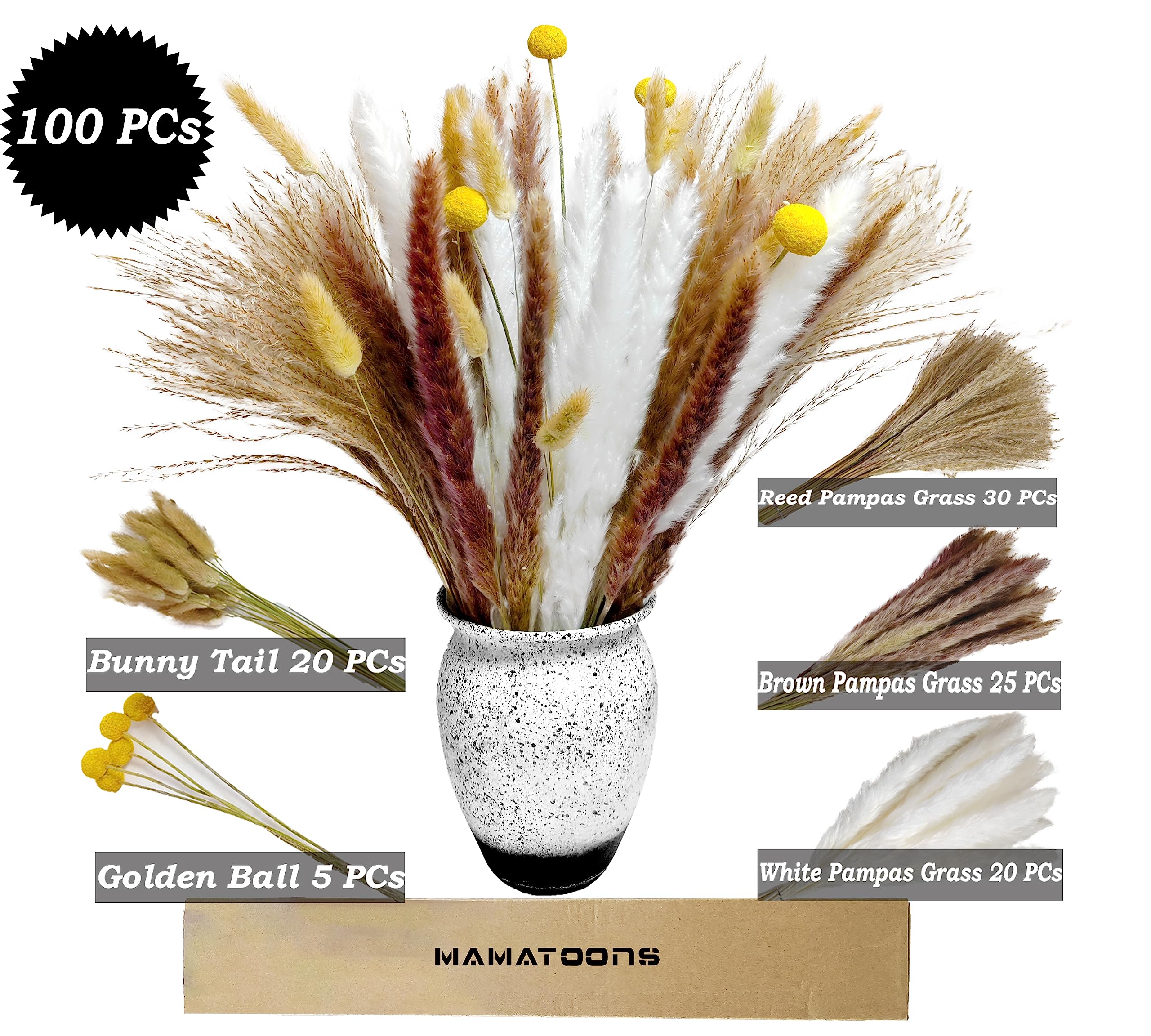 MAMATOONS 100pcs Natural Dried Pampas Grass Mix Bouqet for Home Decor, Wedding Boho Flowers, Table Desk Decor, White Brown Reed Pampas Grass Bunny Tail & Golden Ball Flowers ,17 inch