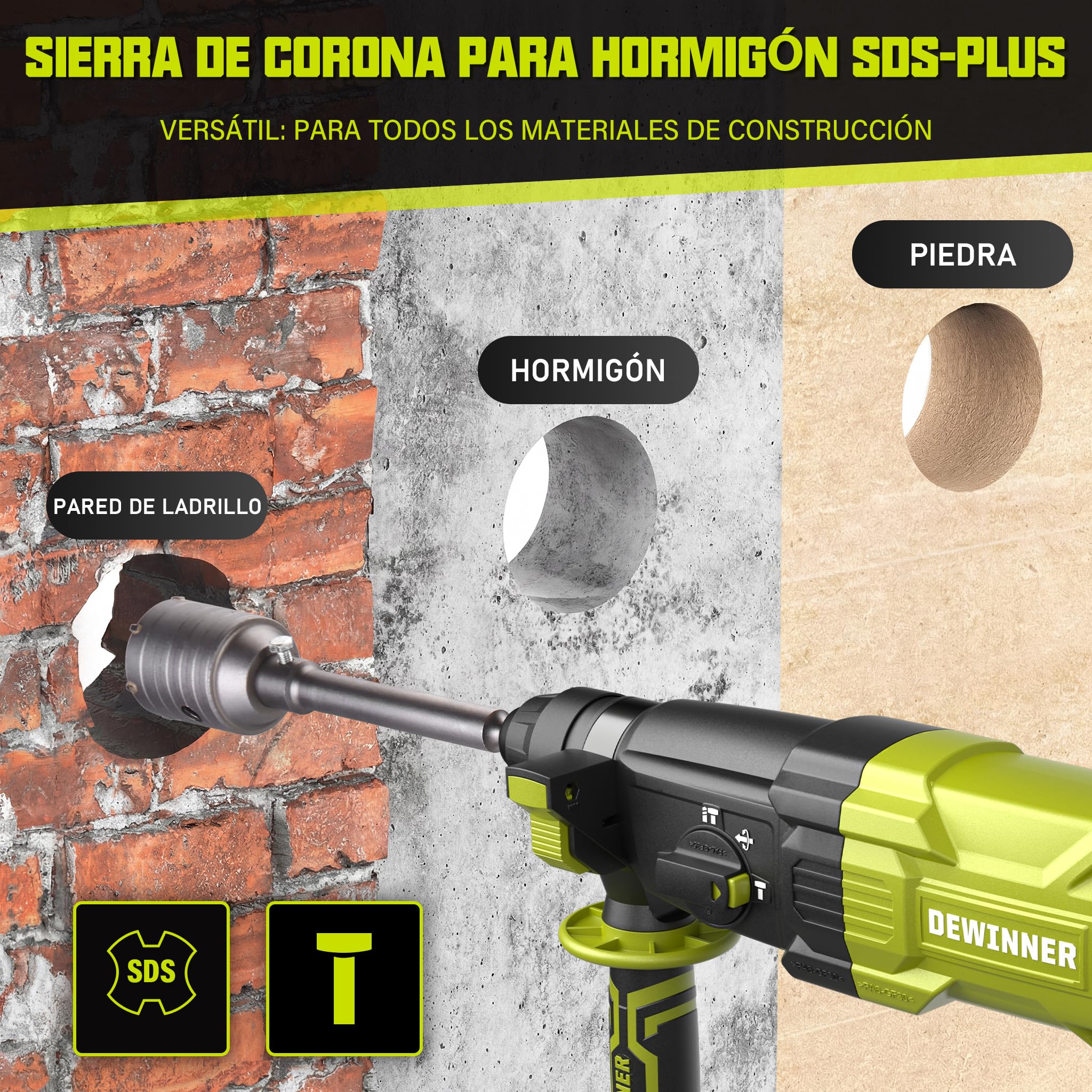 DEWINNER Martillo Perforador 1100 W 3.4 J, 0-1500 RPM/5500 BPM con 4 Funciones y Embrague de Seguridad, 20 Accesorios Sierra Perforadora Hormigón, Velocidad Variable, Hormigón, Acero, Madera