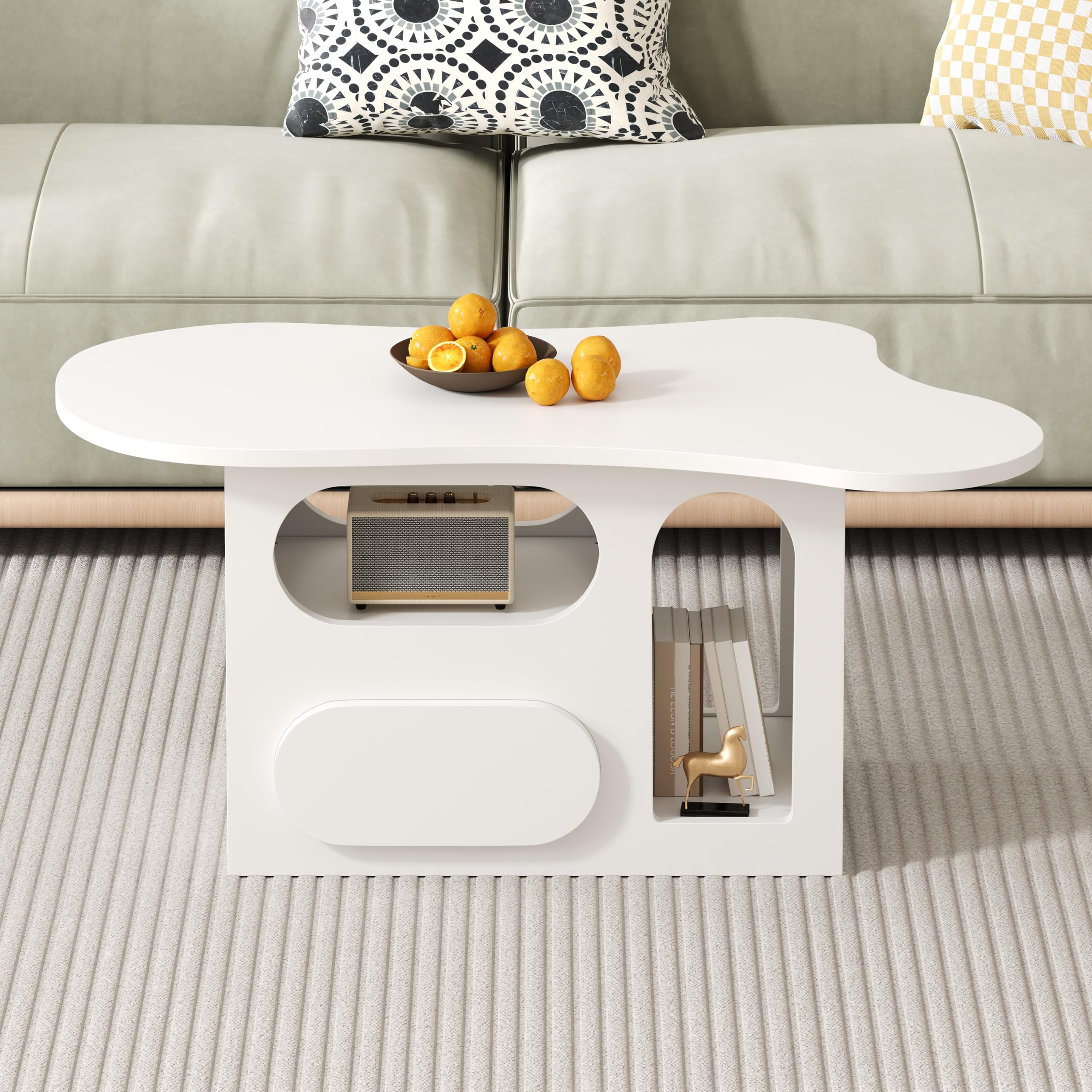 Merax Couchtisch 97x45x43,5 cm, wolkenförmige Tischplatte mit geschwungenen Schubladen und offenen Ablagefächern, für Wohnzimmer, Weiß