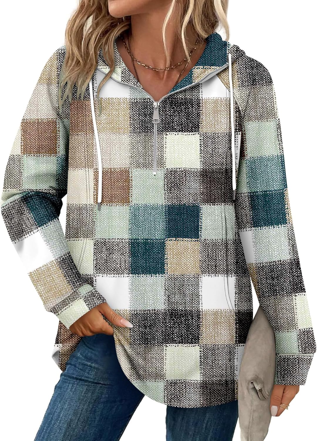 onlypuff Women Hoodie Pullover Trendy Quarter Zipper Lapel Sweatshirts Drawstring Cute Hooded Tunic Tops with Side Pockets - Image 3