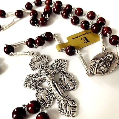 Miniatura 6 de Elegantmedical - Rosario de cuentas de sándalo rojo grande hecho a mano con rosario y cruz pardena, color plateado