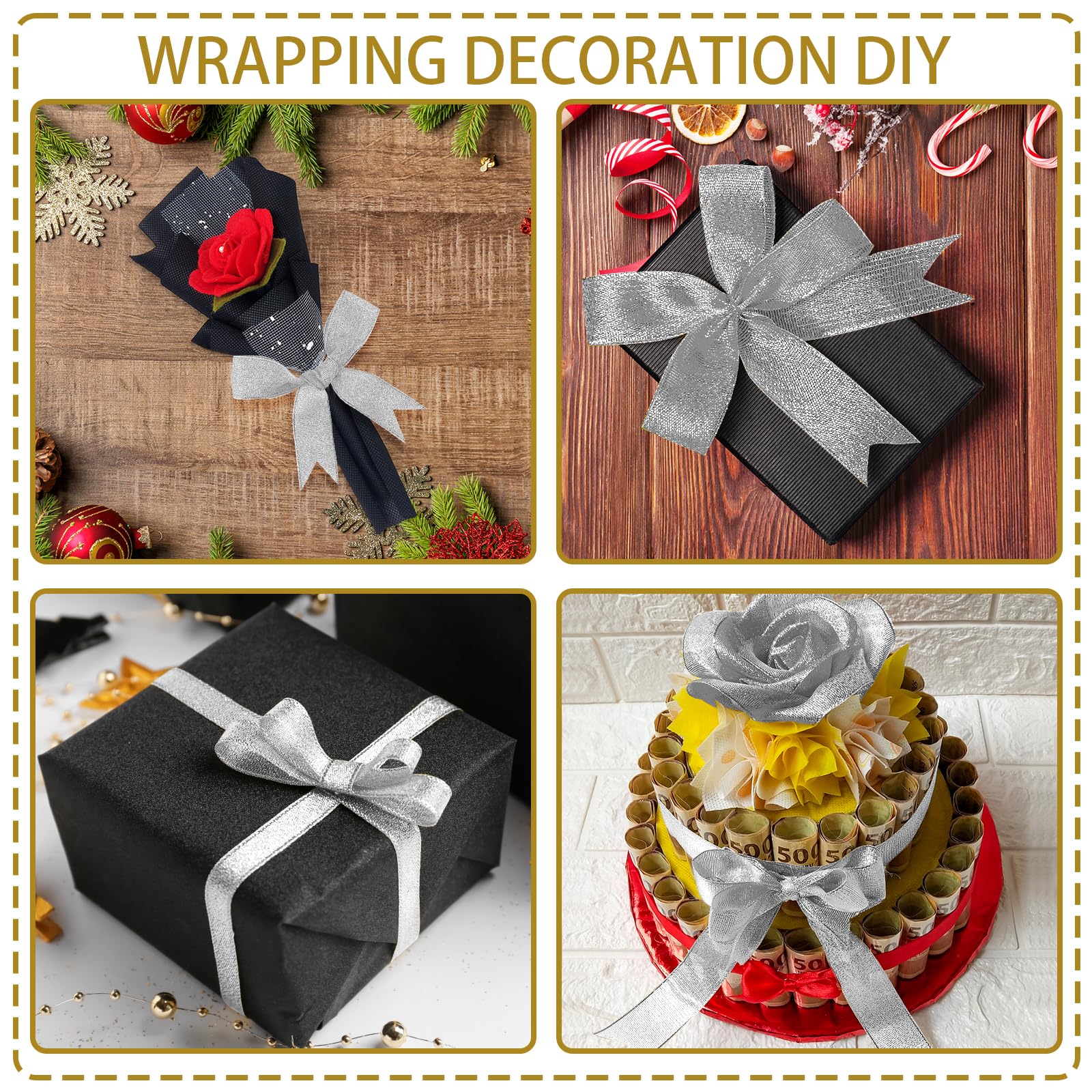 GXFCING Silver Organza Ribbon 40mm, 44m Glitter Gold Christmas Ribbon for Gift Wrapping Crafts, DIY Sewing, Cakes, Weddings - Image 2