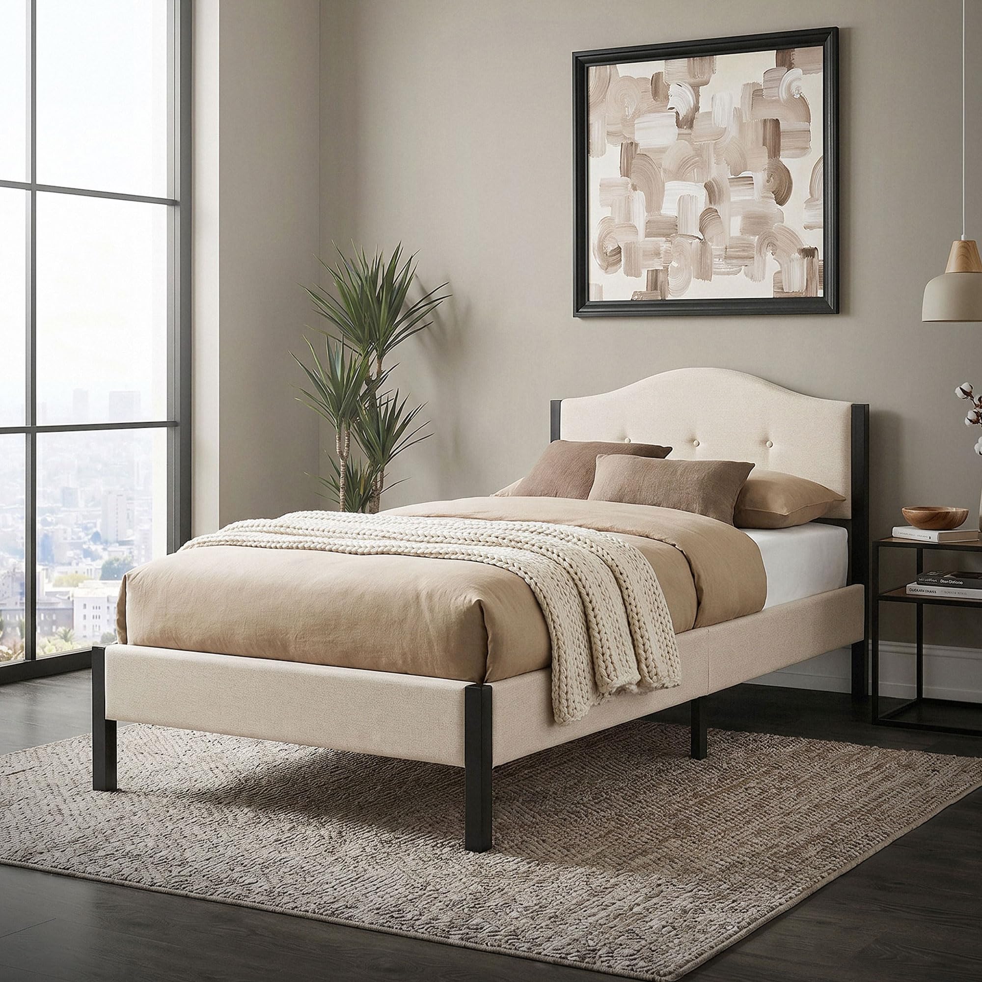 ML-Design Letto 90x200 cm, Giroletto Singolo, Struttura Robusta, Testiera Imbottita e Rete a Doghe, Telaio in Acciaio e Tessuto di Lino, Beige, Spazio di Archiviazione Sotto il Letto, per Cameretta