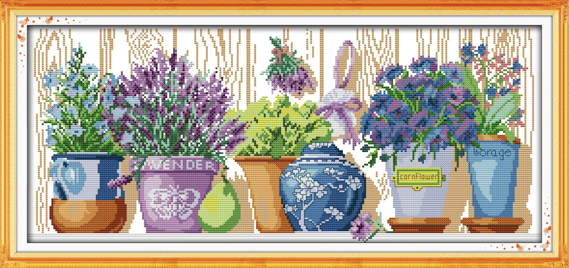 OWN4B クロスステッチ刺繍キット図案印刷、11ct 窓辺の鉢植え 初心者向けの簡単な刺繍セット72x35cm Cross Stitch