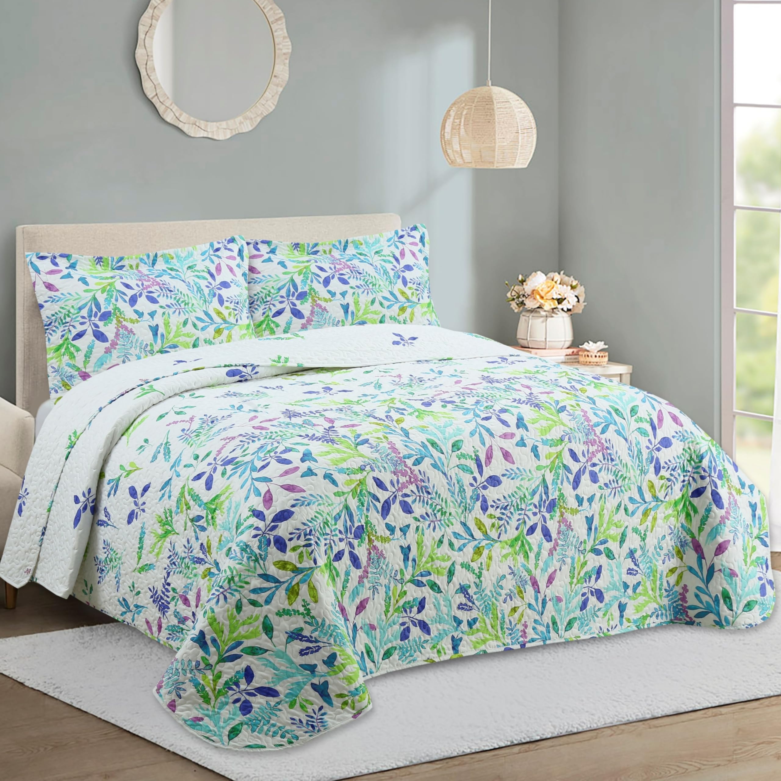 Colcha Boutí Cama 150 (250x270) Estampada para Verano y Entretiempo - Algodón y Poliéster - Cubrecama Ligero y Transpirable con 2 Fundas de Almohada (50x70) – Acabado en Punta Redonda (Estambul)