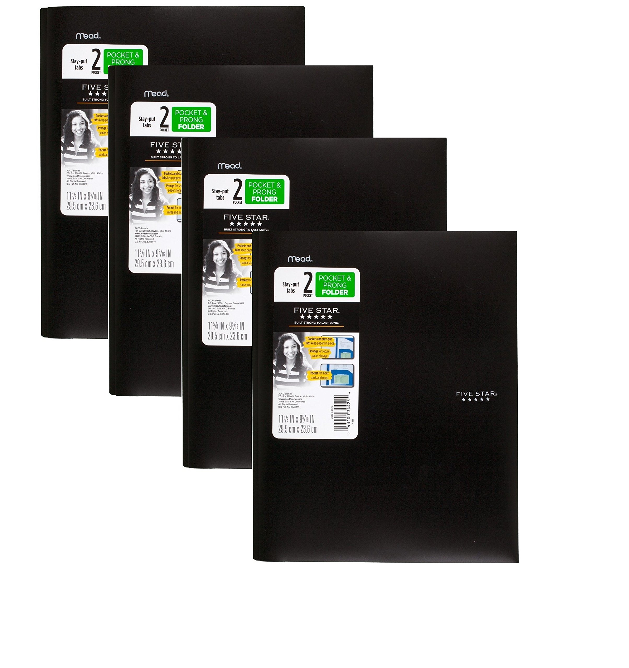 Five Star 2 Pocket Folders with Prong Fasteners, Stay-Put Folder, Folders with Pockets, Assorted Colors, 4 Pack (38064) (Black, 4Pack) — image 1