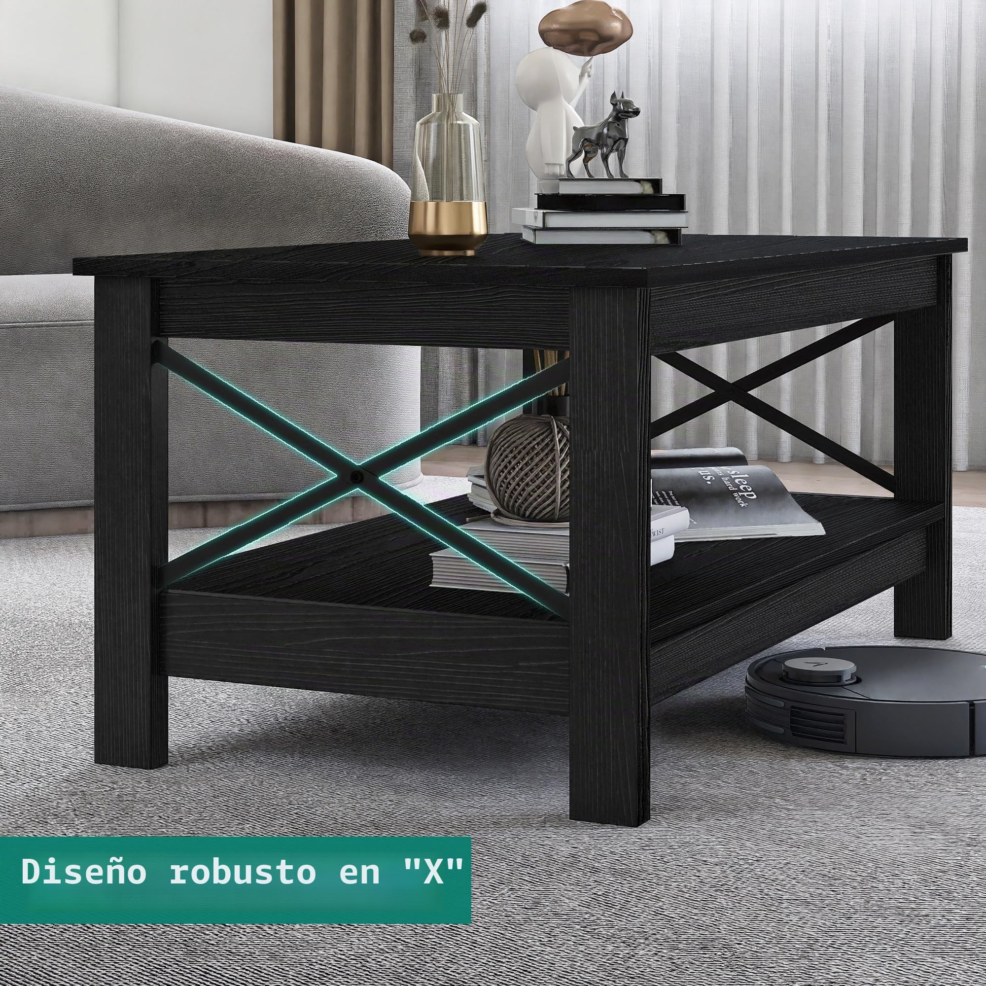 YITAHOME Mesa de Centro Negra con Estante de Almacenamiento, 100 x 55,6 x 45,4 cm, mesas de café Modernas de Granja para Sala de Estar
