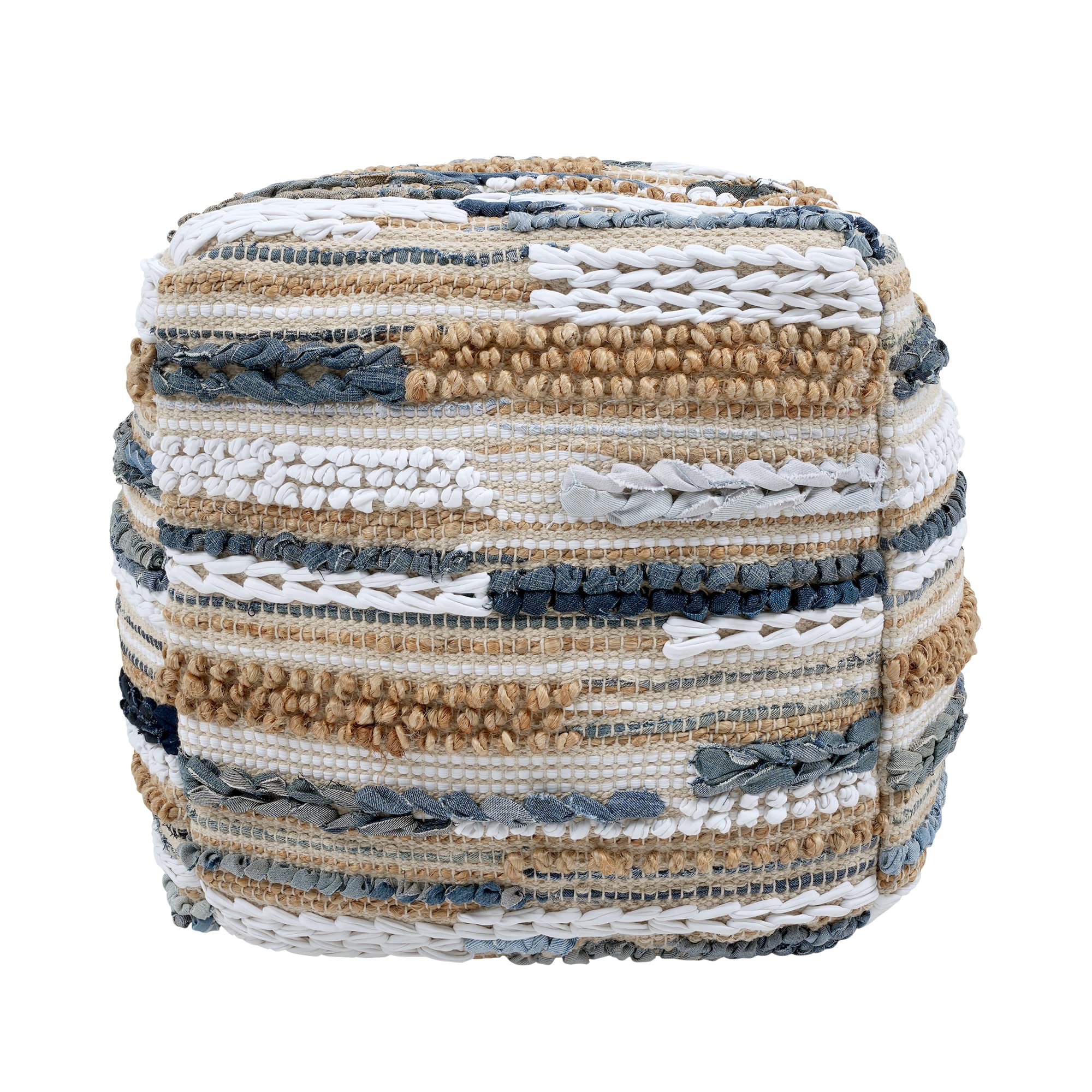 Pasargad Home Grandcanyon Shaggy Pouf, Cotton Ottoman, Hand Woven- Polly Beads Stuffed Pouf-Sitting, Foot Stool- Square Poufs for Living Room- Luxury Room Decor, 17