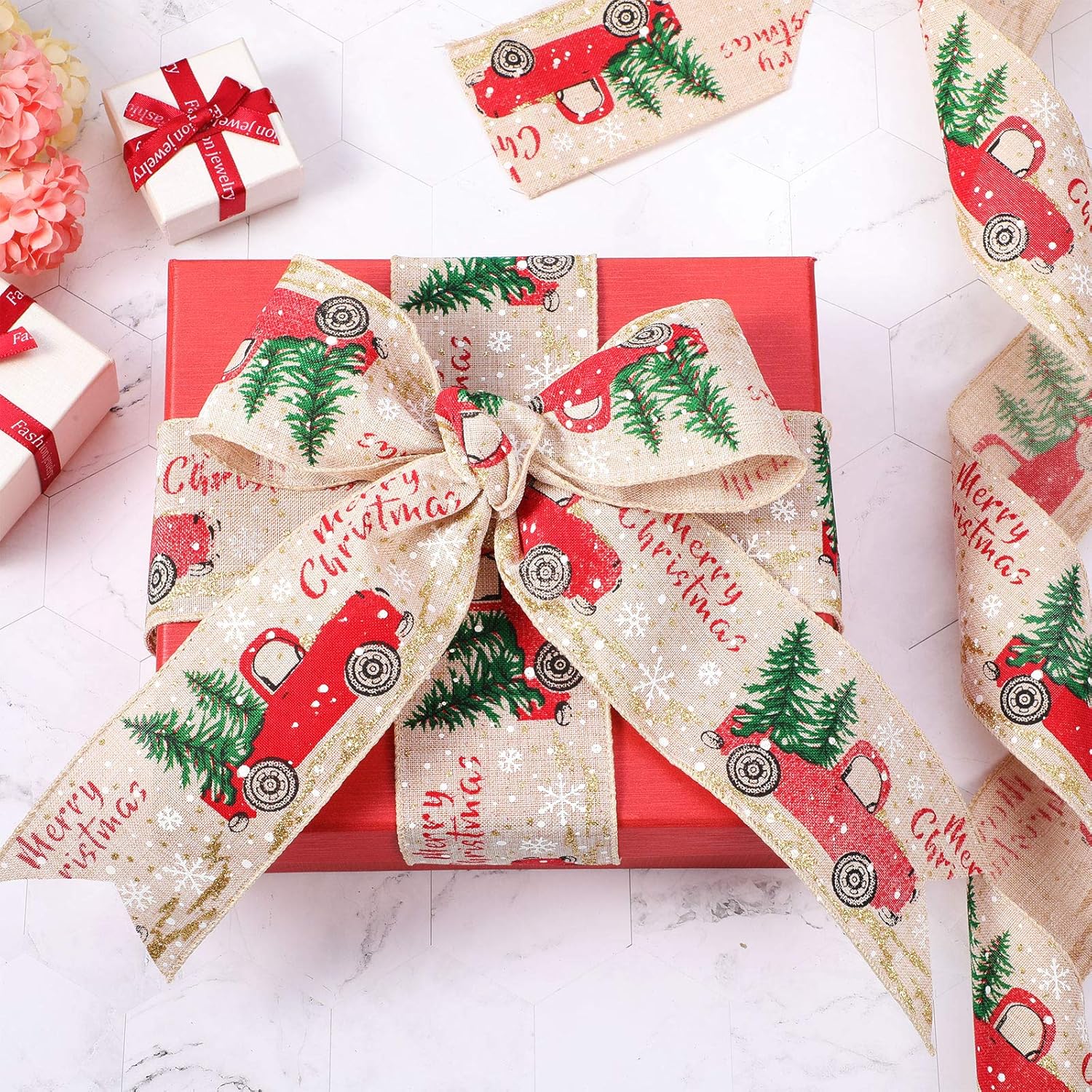 Syhood Red Truck Christmas Burlap Ribbon Wired, Vintage Red Truck with Christmas Tree Burlap Ribbon for DIY Wreaths Gift Wrapping Crafts Decoration(20 Yards,Cute Style)