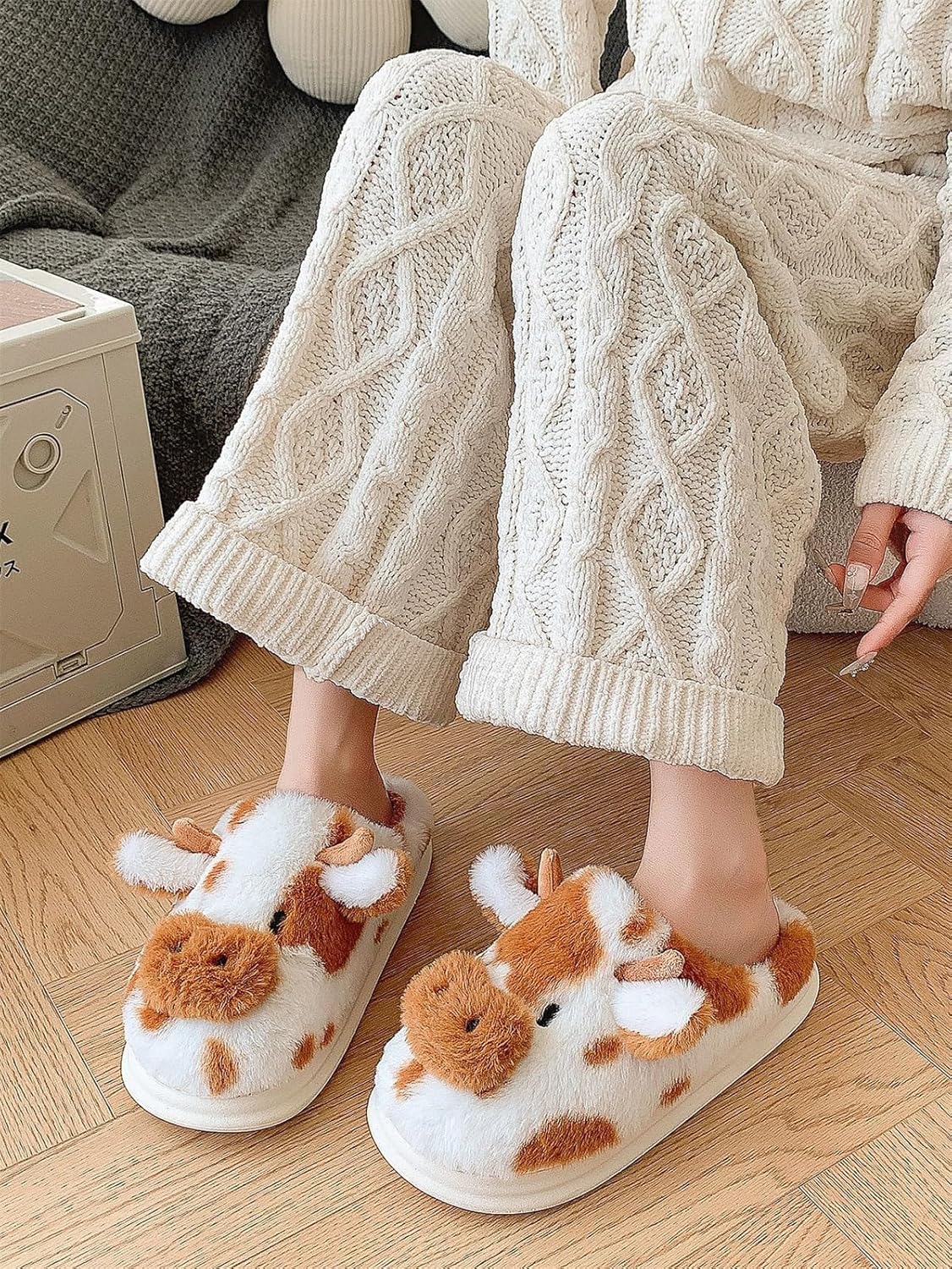 Cartoon Cow Cotton Slippers,Cute Cozy Fuzzy Animal Slippers For Women Men,Winter Warm Plush Comfy Indoor Outdoor Slippers - Image 2