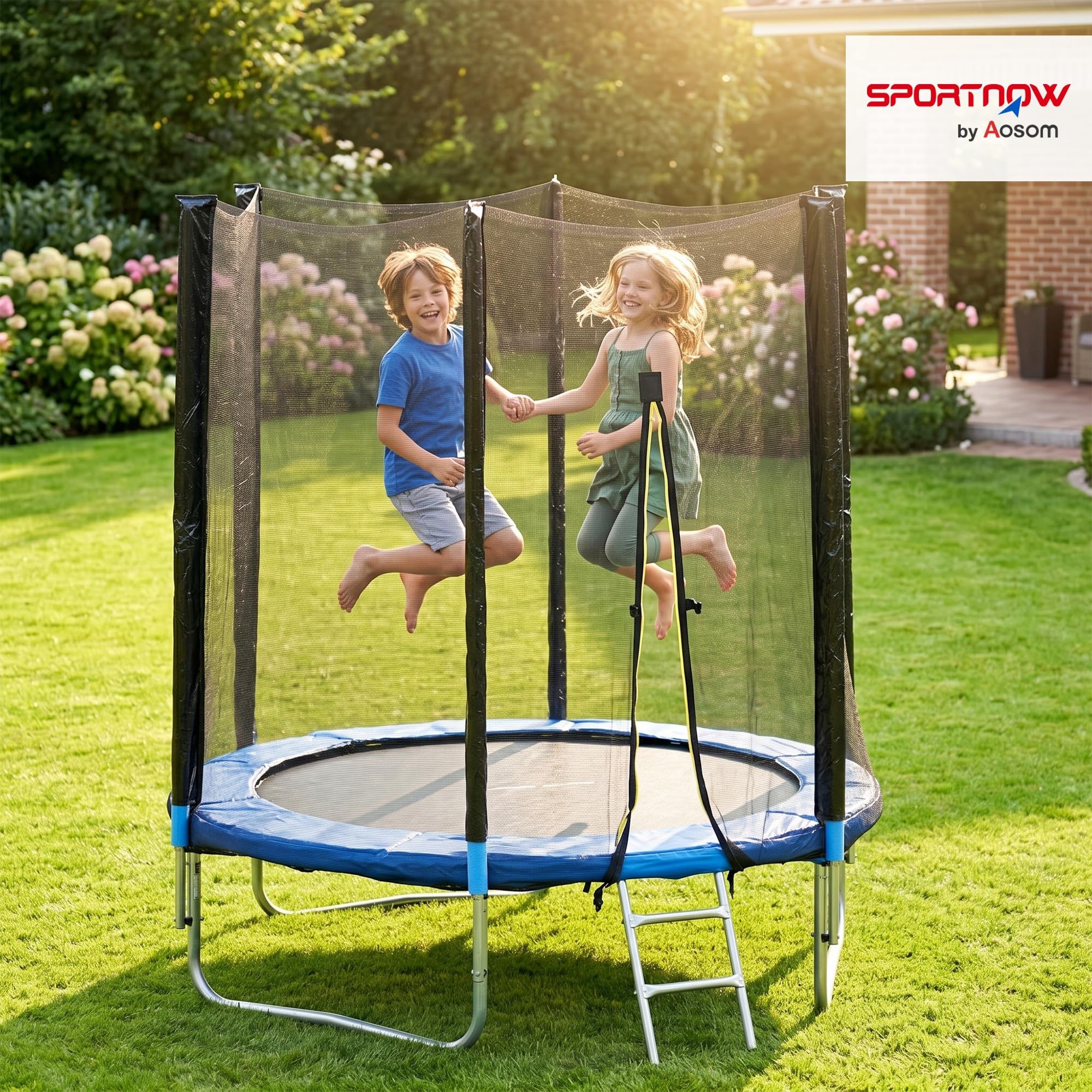 SPORTNOW Trampoline Exterieur Enfant avec Filet Sécurité Échelle Ø 180cm | Poteaux Rembourrés, Trampoline de Jardin, pour Enfants Adolescents et Adultes