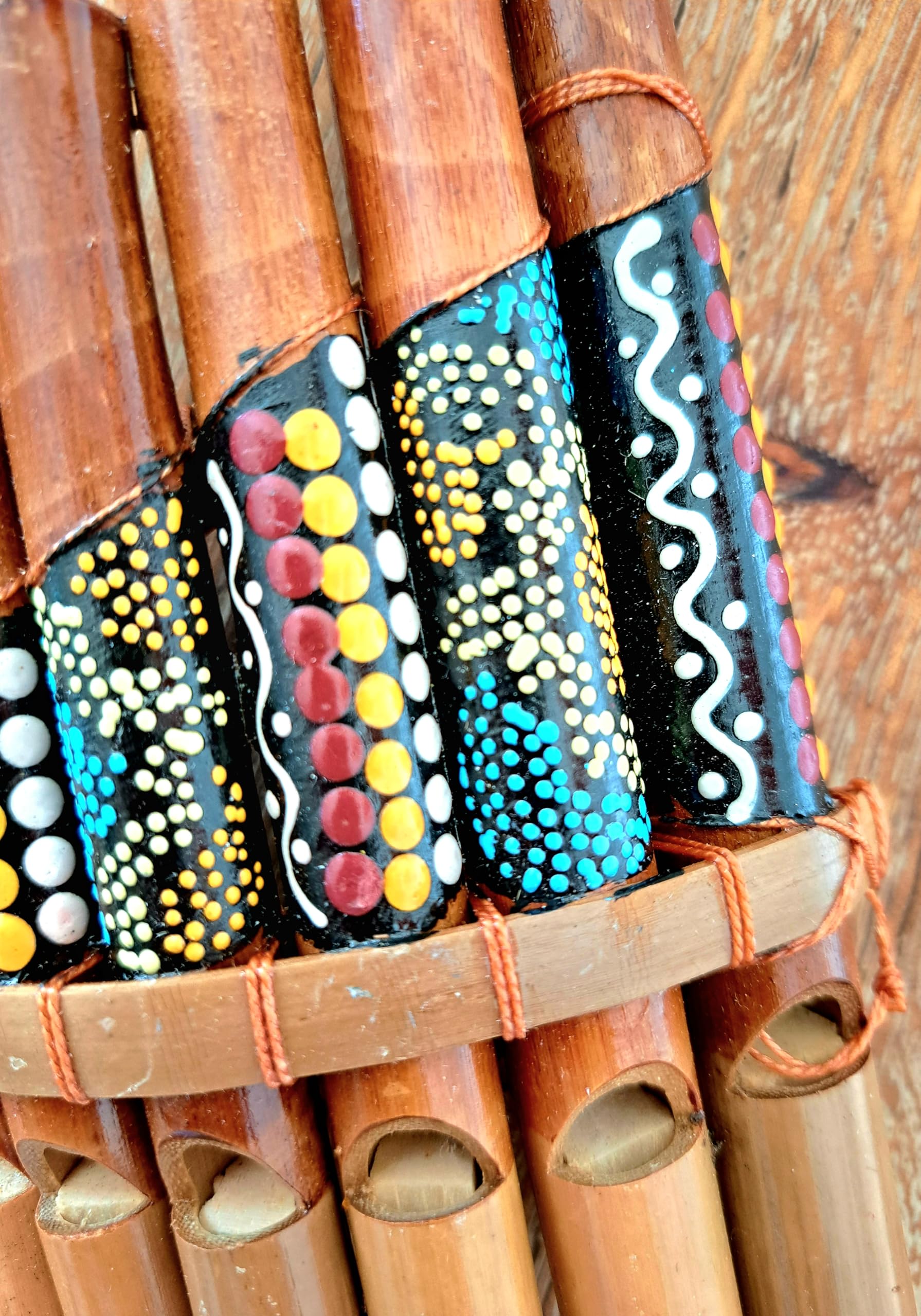 Flûte de pan en bambou Instrument de musique bois artisanale 7 tubes dot painting