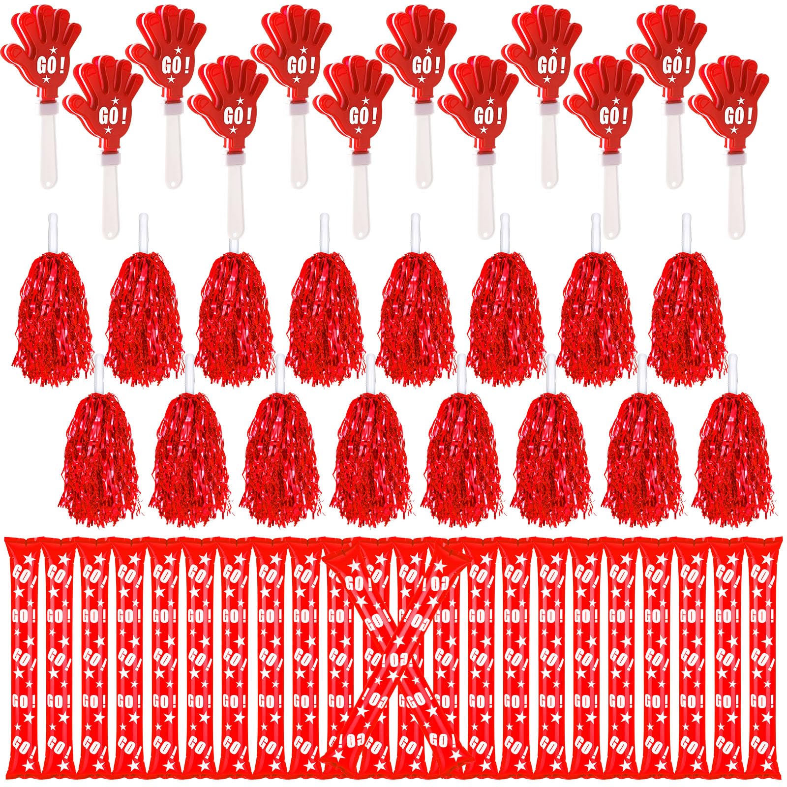 Hungdao 60 Pcs Noise Makers Homecoming Football Party Favors Include 24 Thunder Sticks Cheer Sticks 12 Hand Clapper 24 Cheerleading Pom Poms for Sporting Events Pep Rally Supplies(Red)