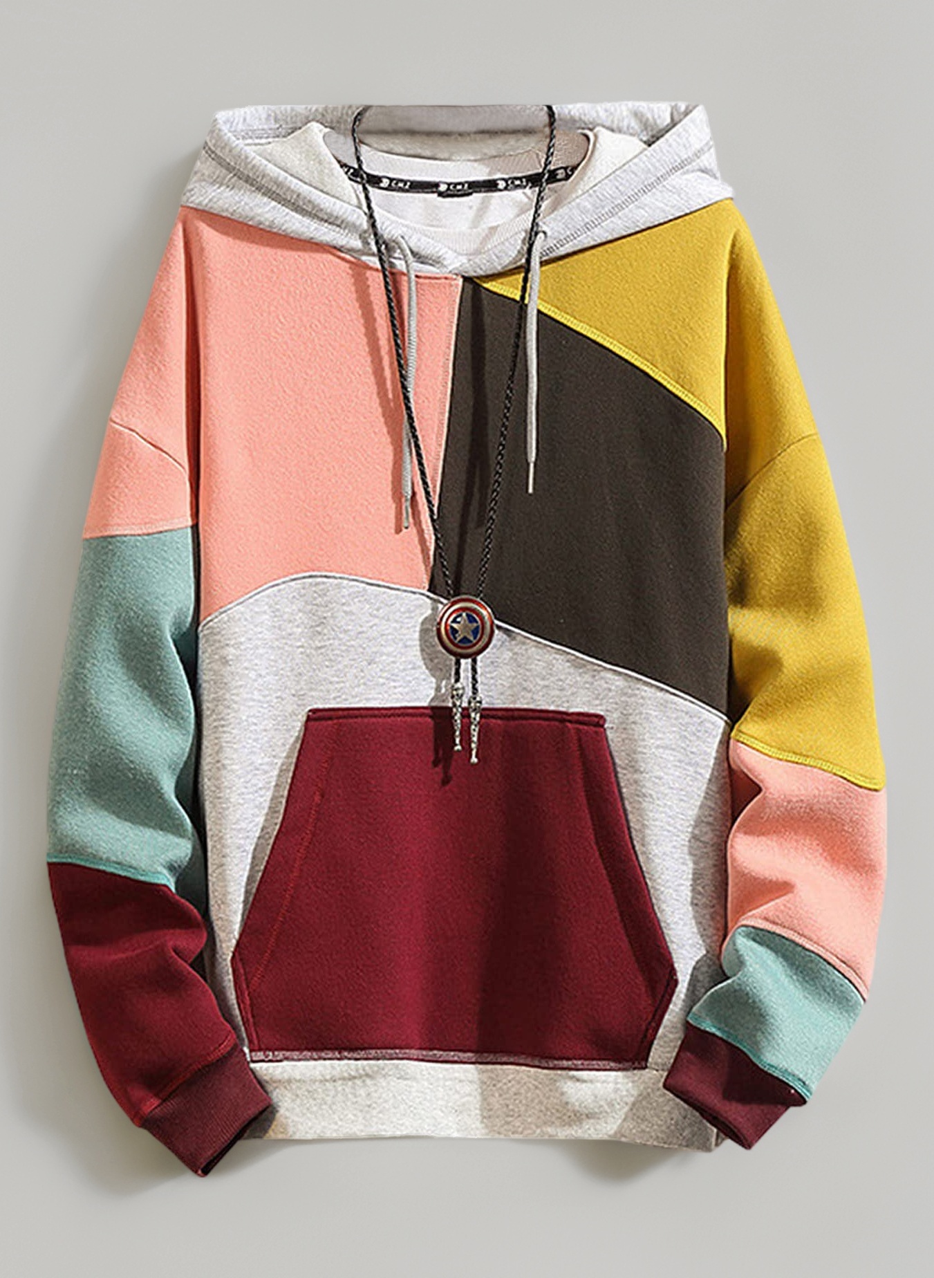 XIAOYAO Men's Fashion Hoodies Techwear Color Block Long Sleeve Sweatshirts Unisex Lightweight Colourful Hoodie Pullover