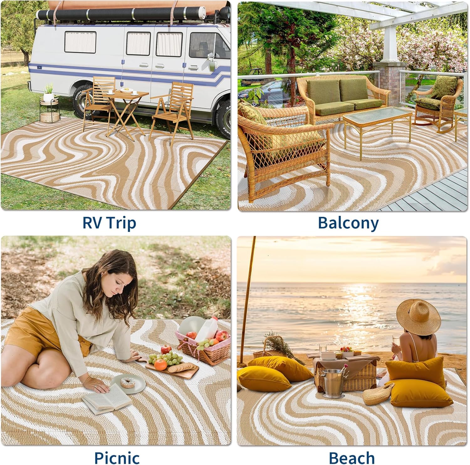 Garvee 10x20 Modern Large Outdoor Rug, Waterproof Rug for Camping, Reversible Plastic Straw Rugs UV Resistant Abstract Carpet for Picnic Backyard Deck Balcony Porch Beach Trailer, Light Brown
