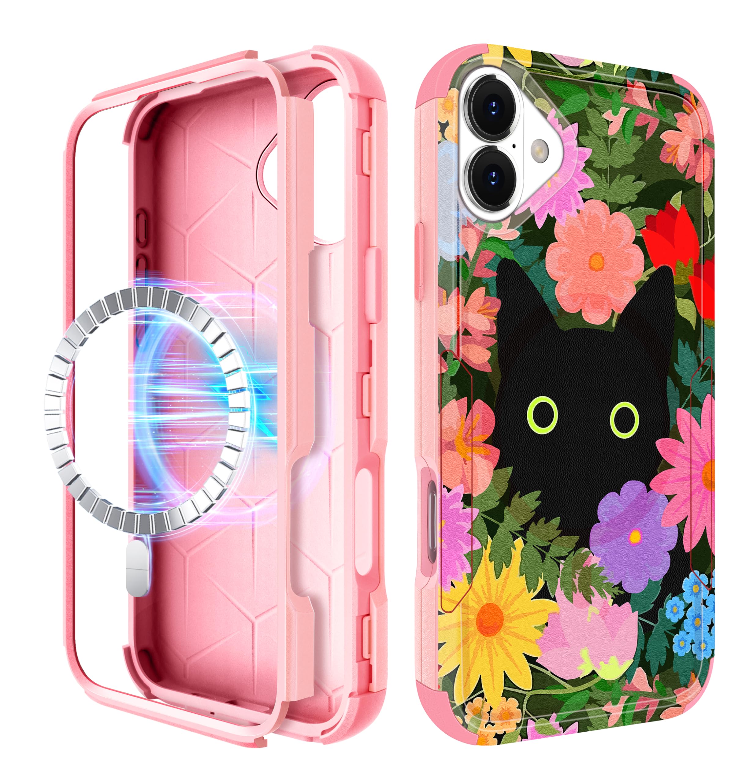 LISEVO for iPhone 16 Plus Case - Compatible with MagSafe Women Girls Cute Magnetic Plustective Phone Cover Cat Flower Fashion Heavy Duty ShockPlusof